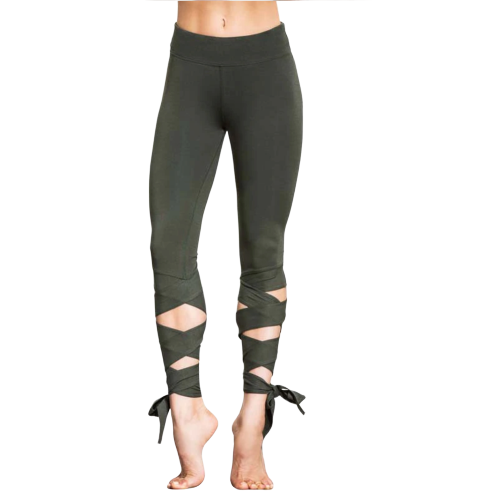 Legging de Yoga - Bandelettes à Nouer - Taille Haute - Du S au XL -Vert Kaki
