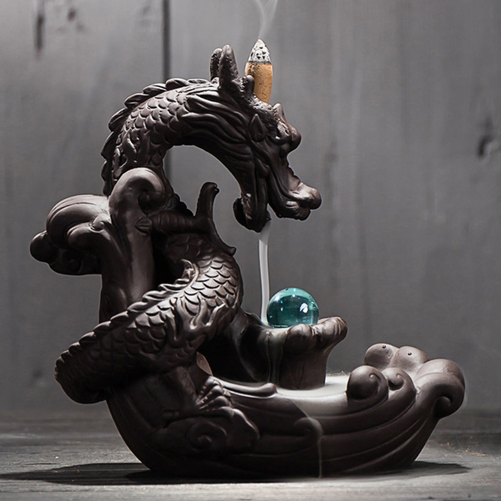 Idée cadeau original Porte-encens Dragon boule de cristal - En céramique - Avec cascade