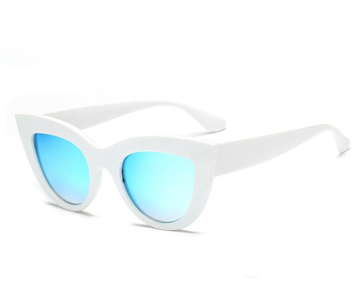 Lunettes de Soleil Vintage - Cat Eyes - Femme - blanches et bleus