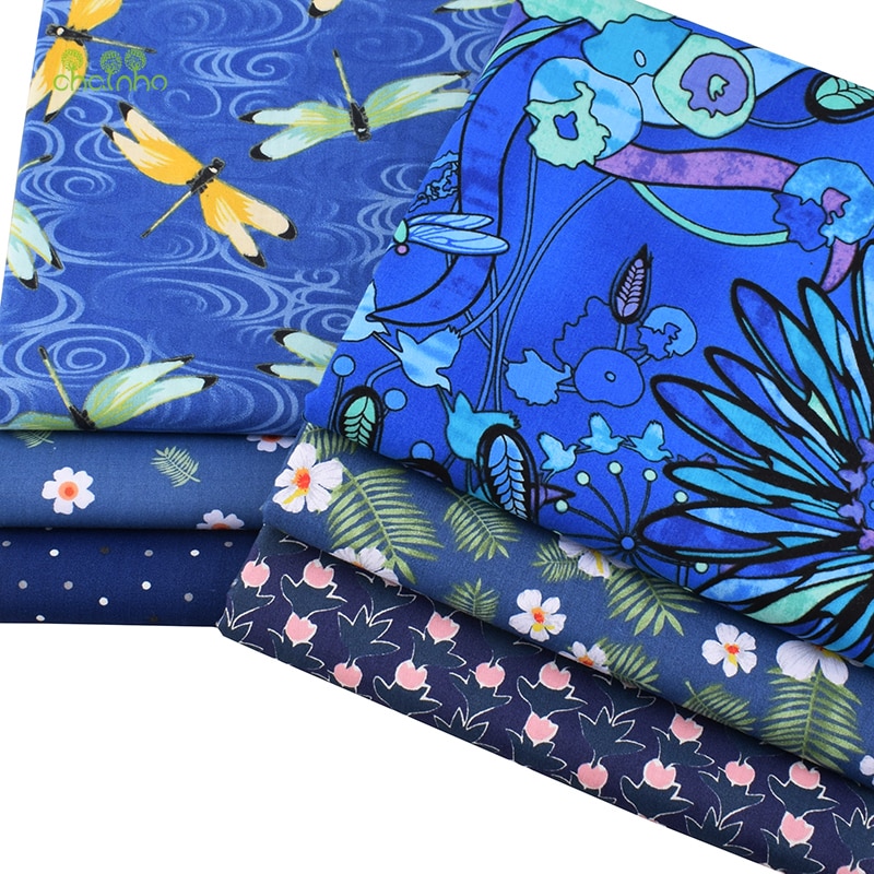 Lot de 6 carrés de tissus - Coton écologique - Imprimés Fleurs Bleu Royal
