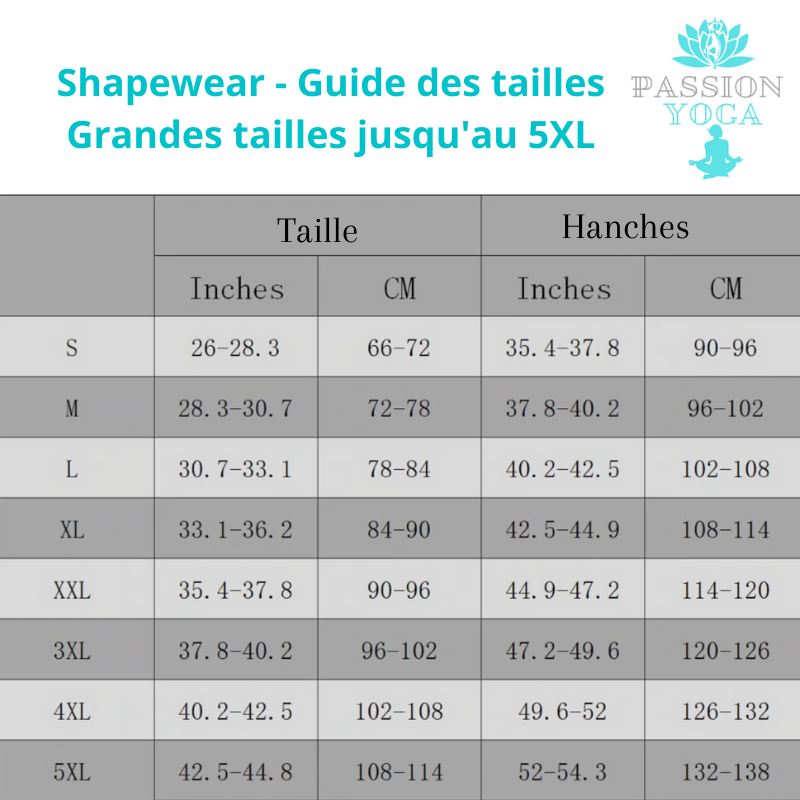 Passion yoga - Guide des tailles - Shapewear combinaison - Gainante - Minceur - S au 5 XL