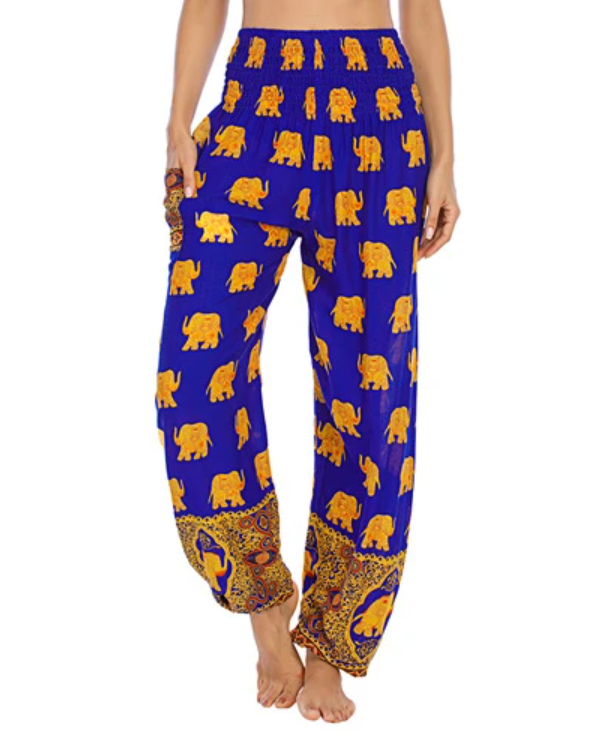 Mai - Harem Pantalon de yoga éléphant doré bleu