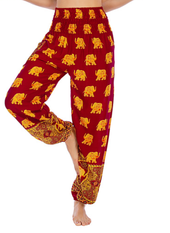 Mai - Harem Pantalon de yoga éléphant doré bordeaux poches