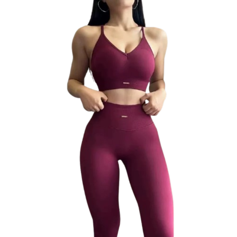 Zenya - Ensemble de yoga col V- rouge bordeaux