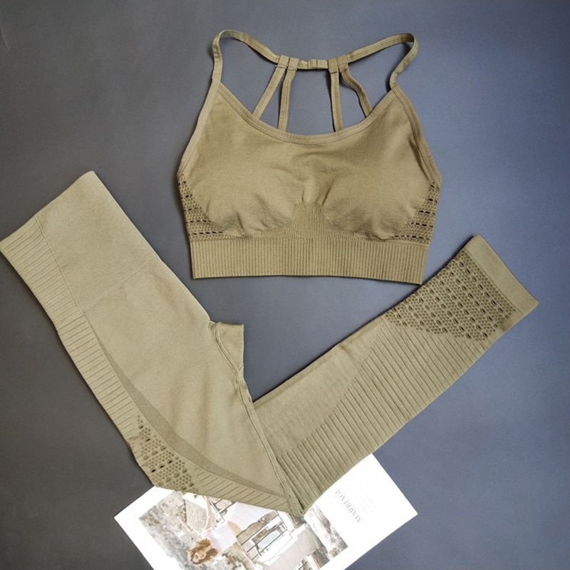 Pantalon et brassière de yoga - Sans couture - Multiples bretelles - Vert