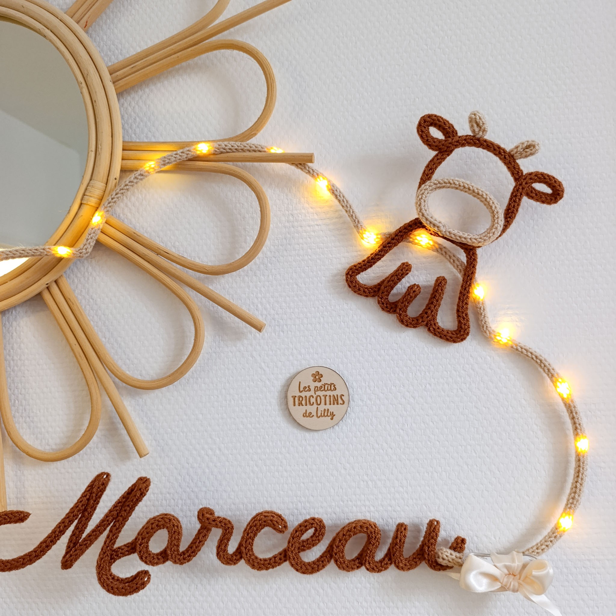 Nuage lumineux personnalisé en tricotin avec vache - cadeau naissance anniversaire baptême - photo 2