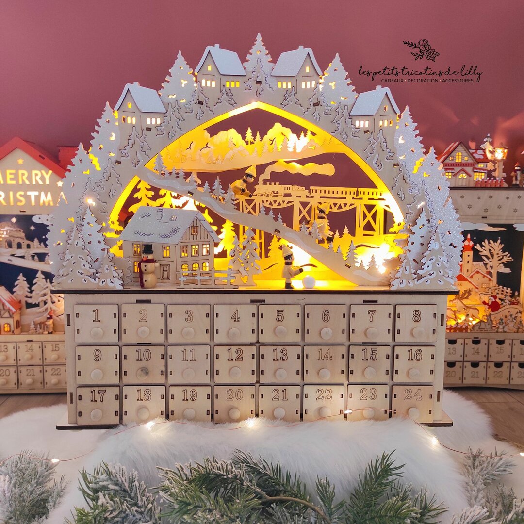 Calendrier De L'Avent Lumineux En Bois - 24 Tiroirs à Remplir, Scène De Village LED, Réutilisable, 36x34 Cm - 8