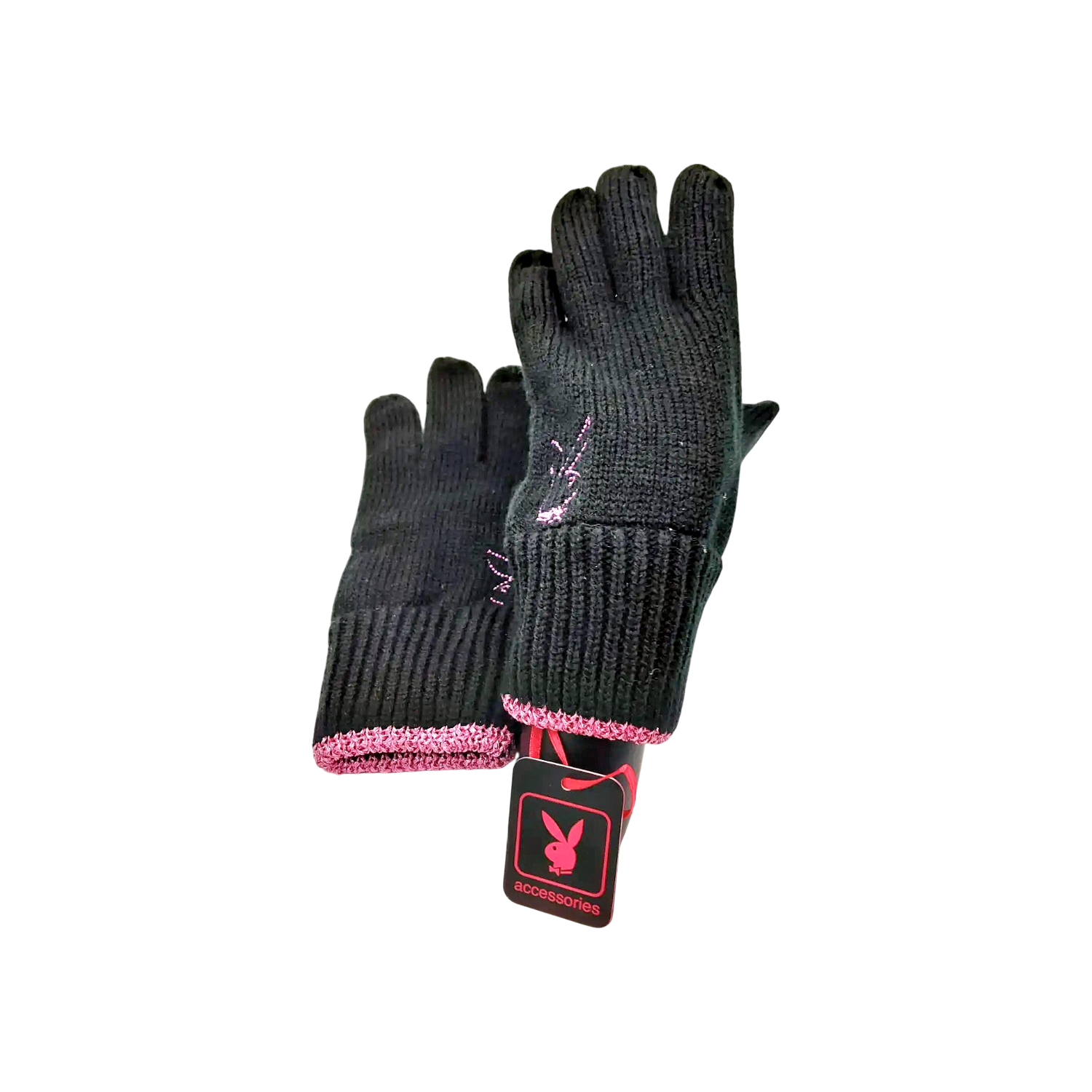 Gants-Femmes-Noirs-Acrylique-Playboy-Liseré-Logo-Fuchsia