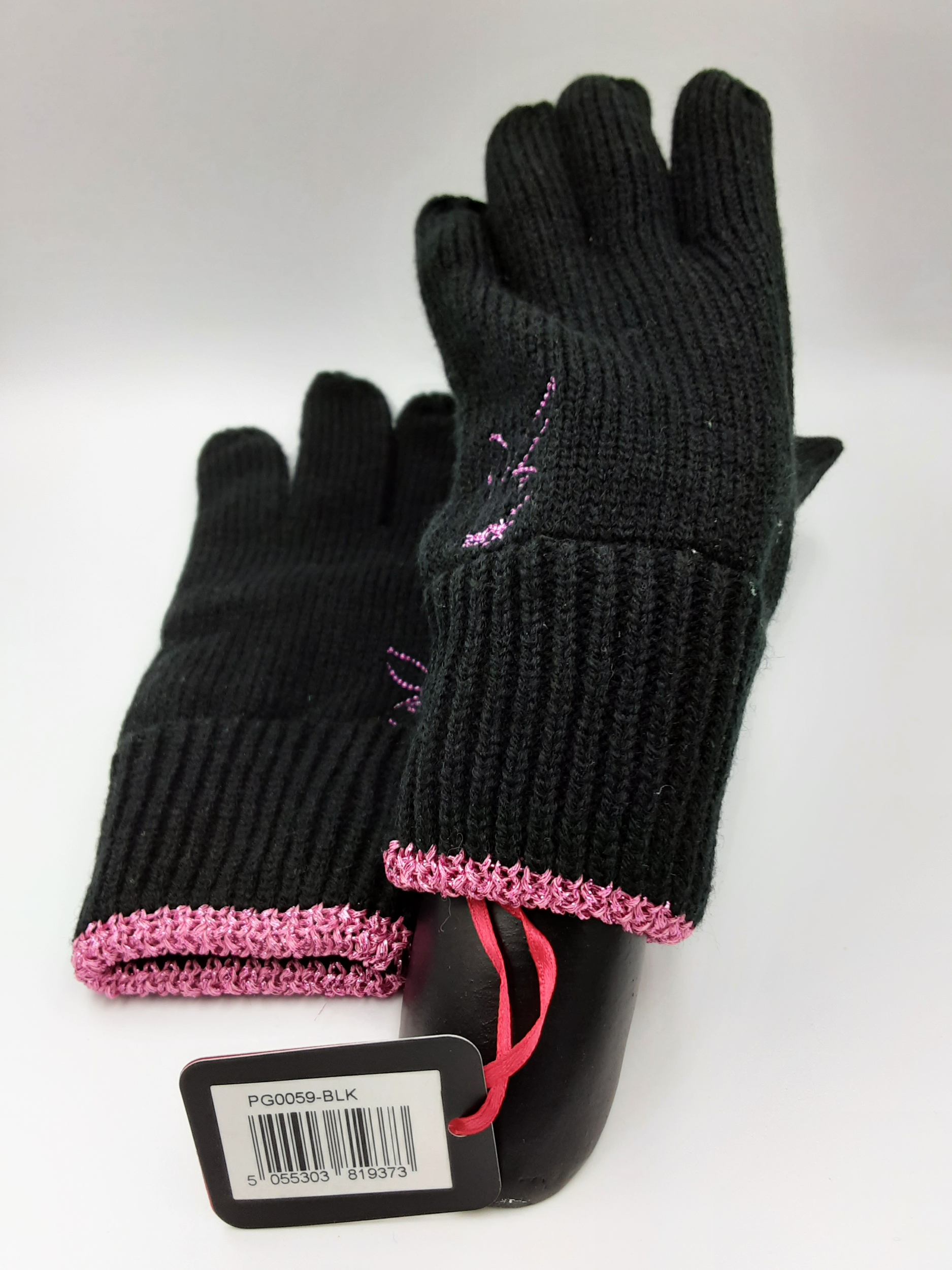 Gants-Noirs-Femmes-Playboy-Acrylique-Liseré-Logo-Fuchsia