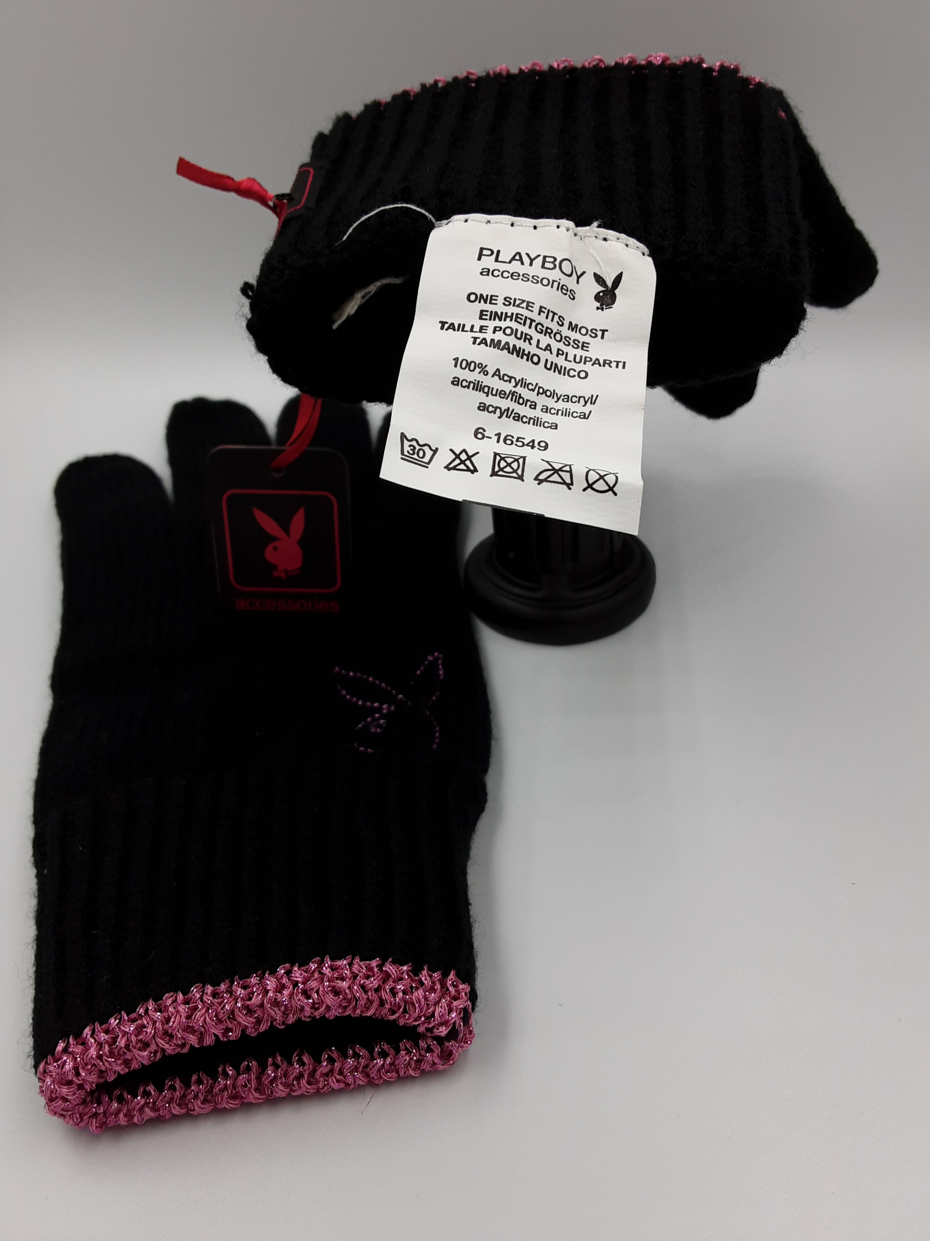 Gants-Noirs-Playboy-Acrylique-Liseré-Logo-Fuchsia-Femmes