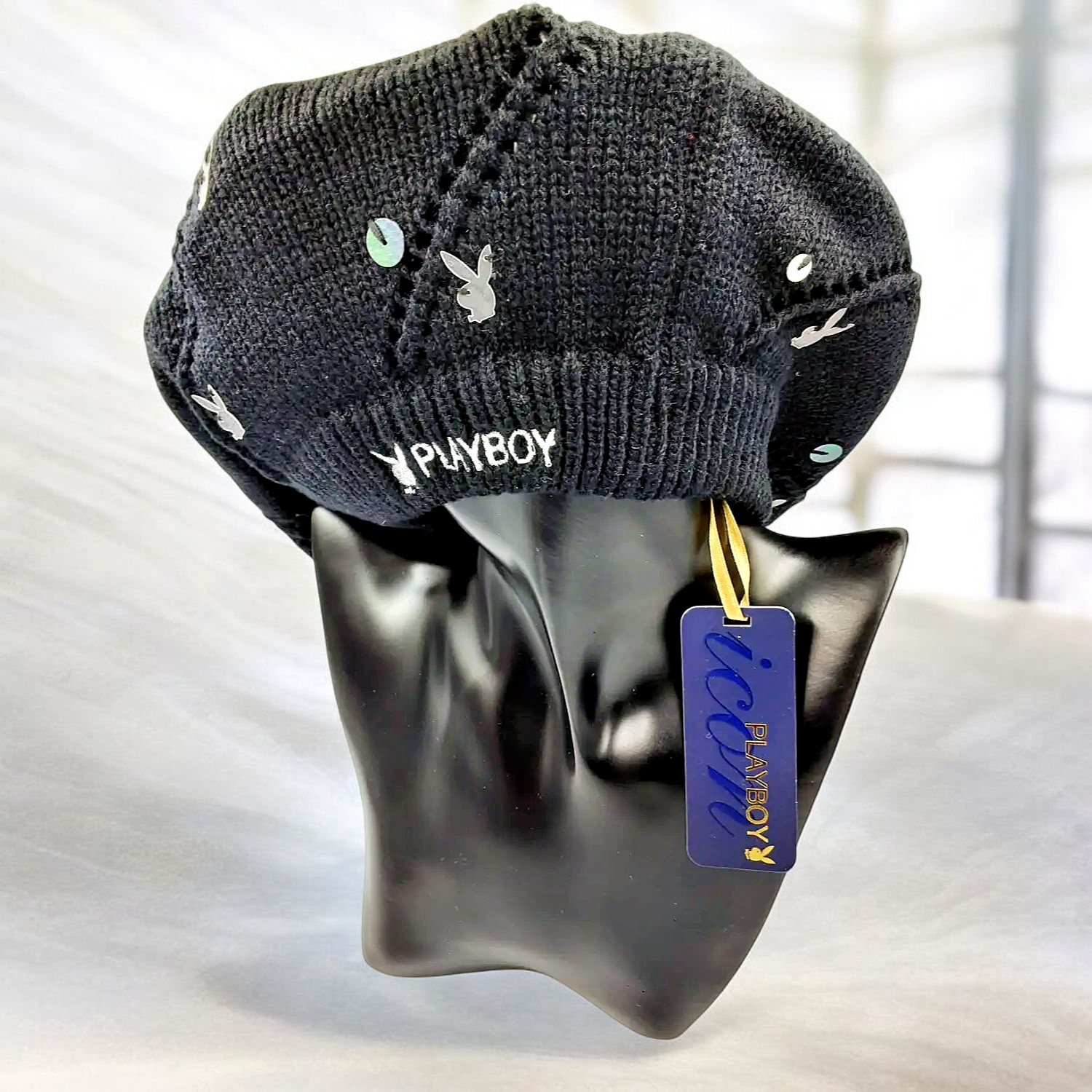 Béret-Noir-Playboy-Acrylique-Paillettes-Femmes-Chic