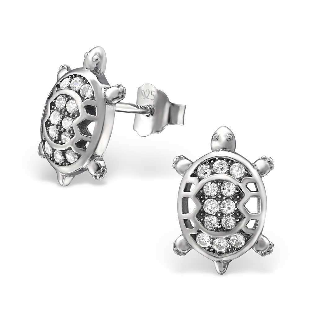 Boucles D'oreilles Tortue En Argent 925 Avec Cristaux – Monture Fermée Sécurisée Pour Filles Et Femmes