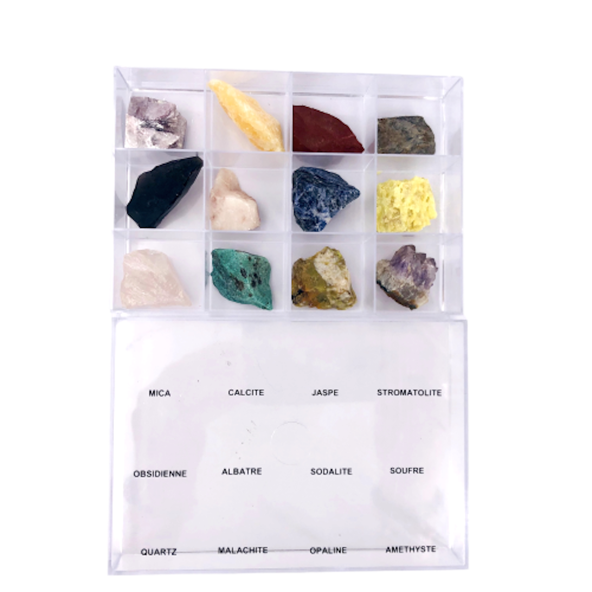 boite-de-collections-12-douze-mineraux-pierres-amethyste-malachite-obsidienne-sodalite-soufre-quartz-rose-micas-calcite-jaspe-stromatolite-albatre-opaline-pierres-du-monde-vosges-12
