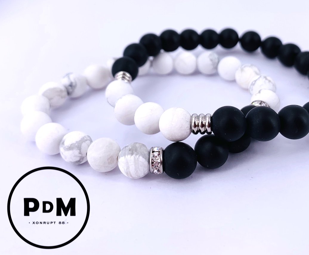 Bracelet pour Couple EQUILIBRE DU COUPLE Howlite et Agate Noire collection spéciale ST AMOUR .