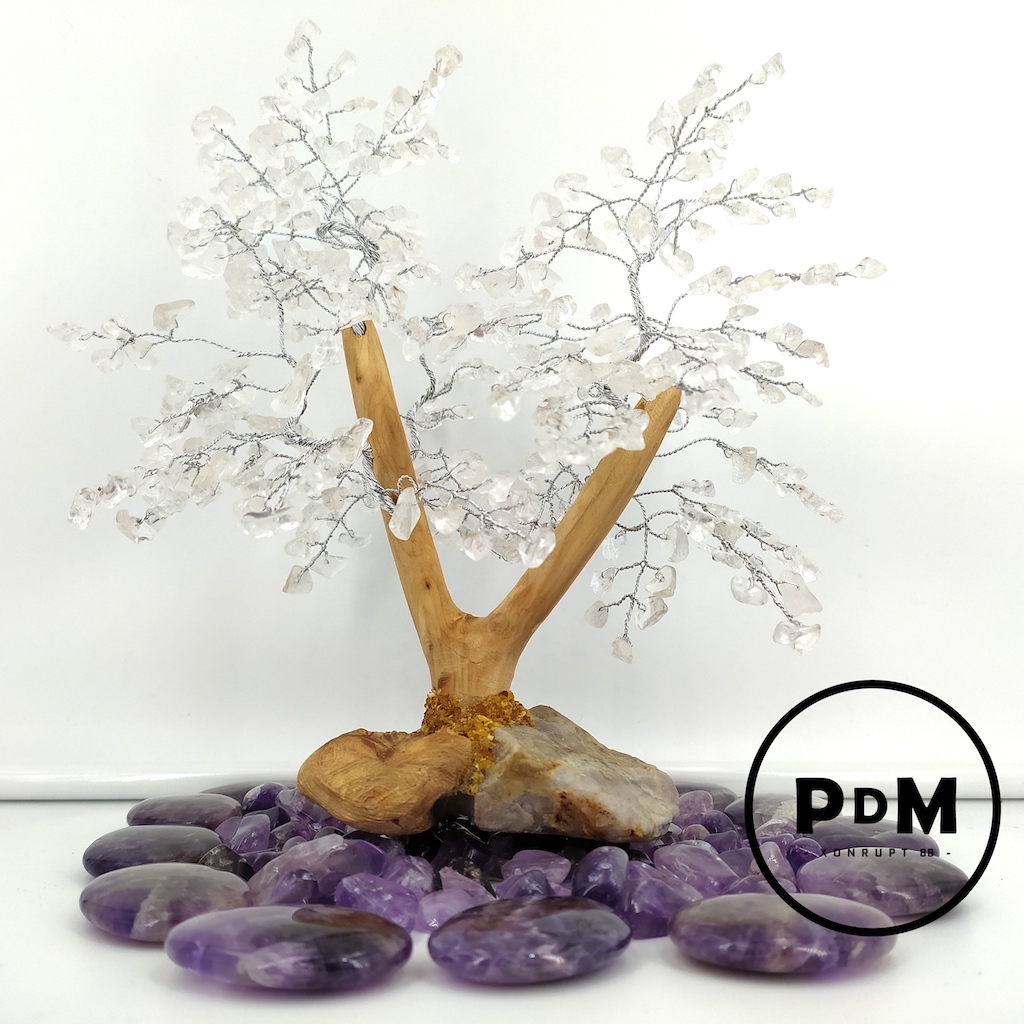 Arbre de vie en cristal de roche/quartz blanc avec pied en bois hauteur 20 cm