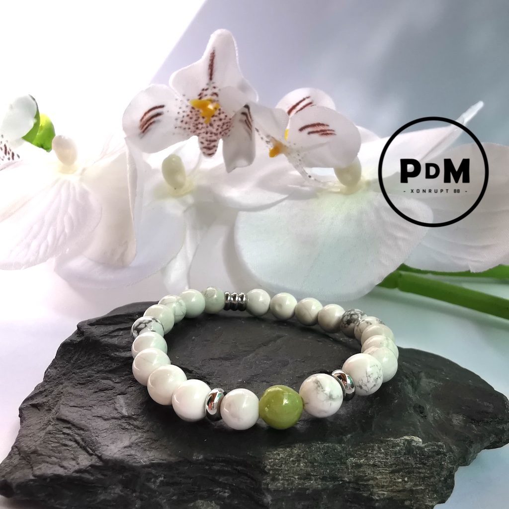 Bracelet enfant Howlite et Péridot en pierre naturelle perle 6 mm tube  acier - BIJOUX/Enfants - pierres du monde Vosges