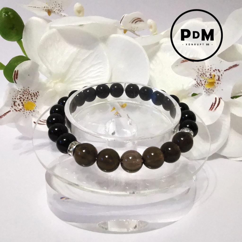 Bracelet Astro Sagittaire Agate noire et Quartz fumé en pierre naturelle avec strass acier