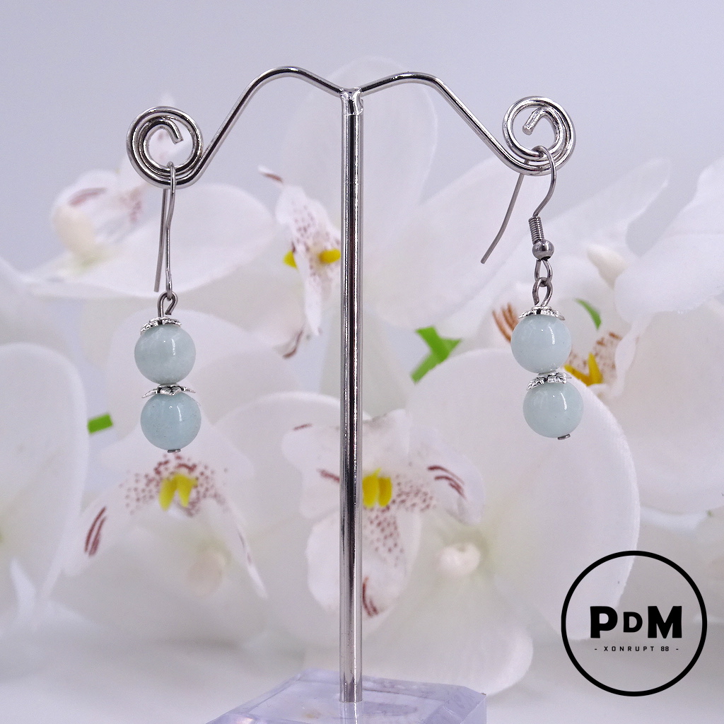 Boucles d\'oreilles Duo Amazonite en pierre naturelle perle 8 mm décor fleurs et montage acier