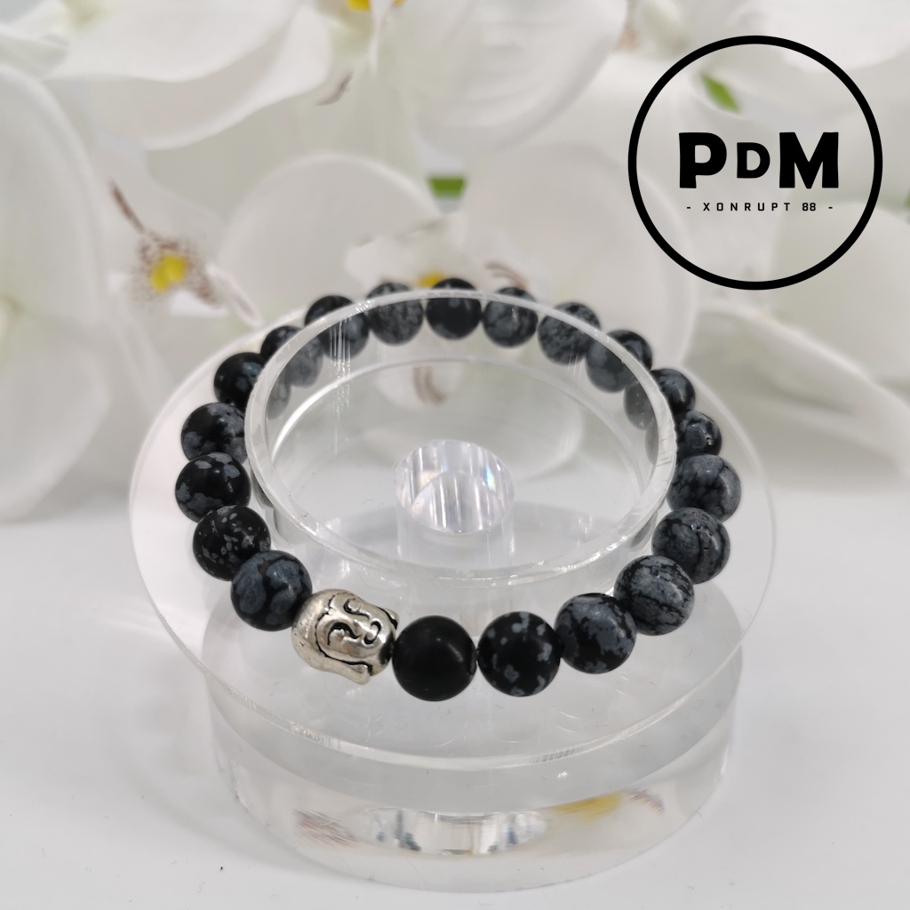 Bracelet Obsidienne neigeuse en pierre naturelle perle 8 mm avec tête de Bouddha