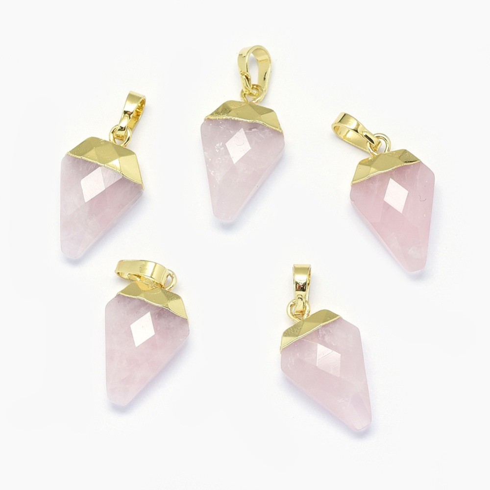Pendentif Quartz rose en pierre naturelle forme diamant facette bélière laiton fantaisie or
