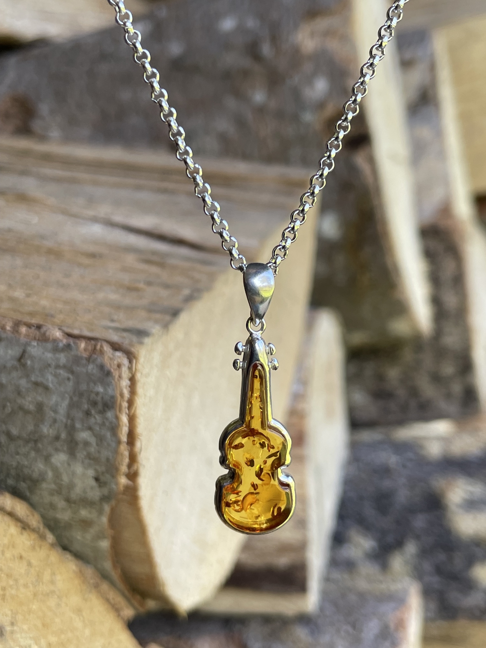 Pendentif violon argent 925 et ambre naturel - MINERAUX DE A à C/Ambre -  pierres du monde Vosges
