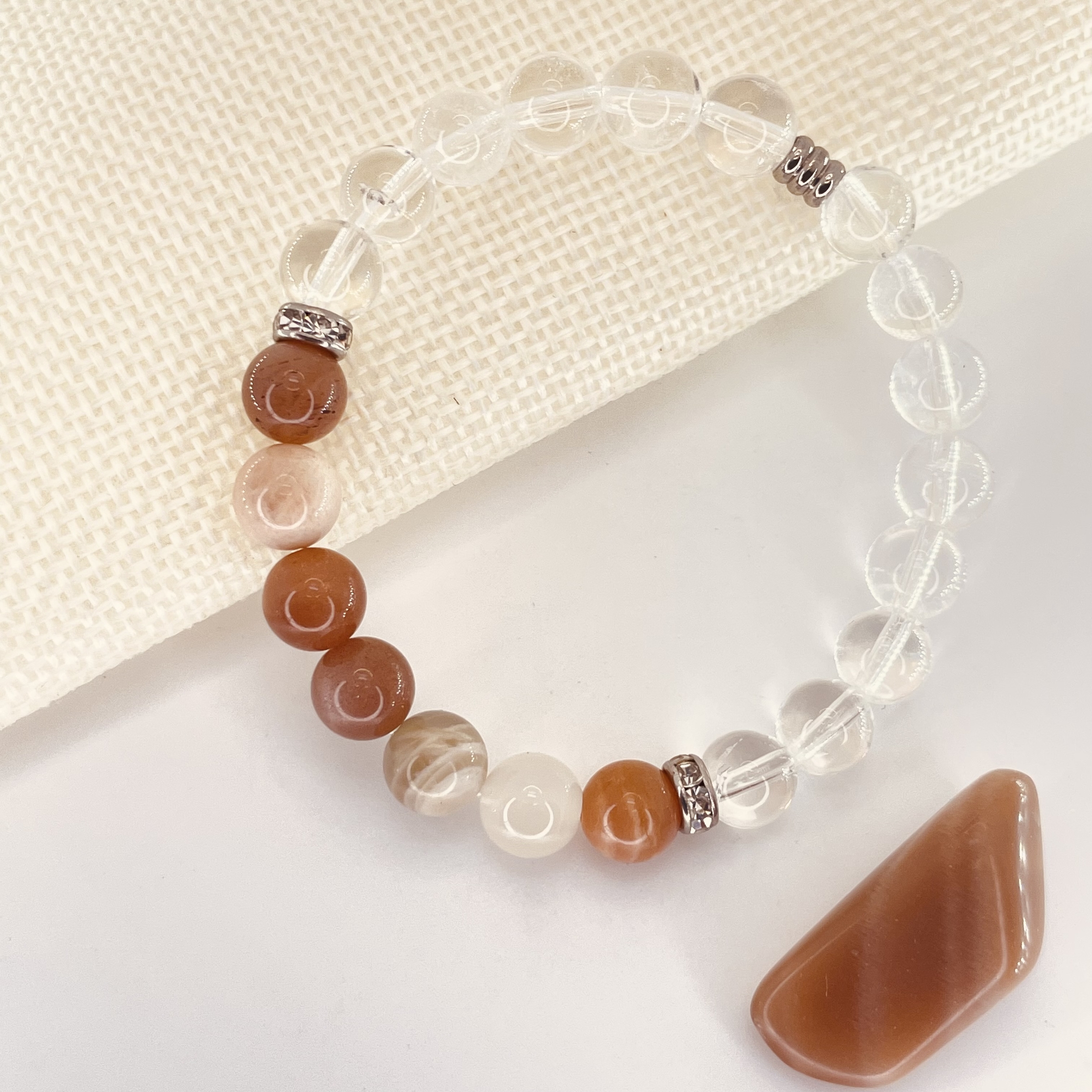 Bracelet perles Astro Balance Pierre de Lune et Cristal de Roche en pierre naturelle avec strass acier