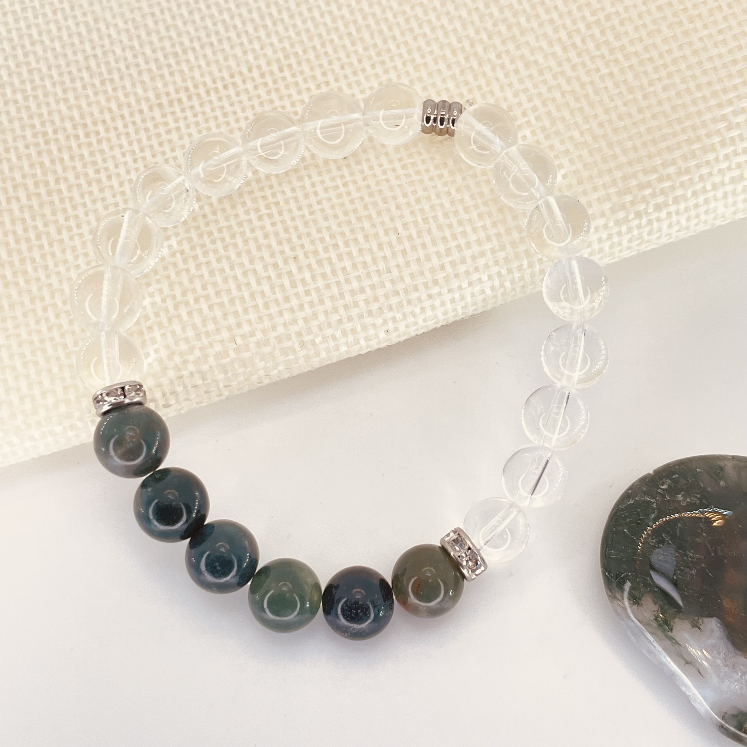 Bracelet perles Astro Vierge Agate Mousse et Cristal de Roche en pierre naturelle avec strass acier