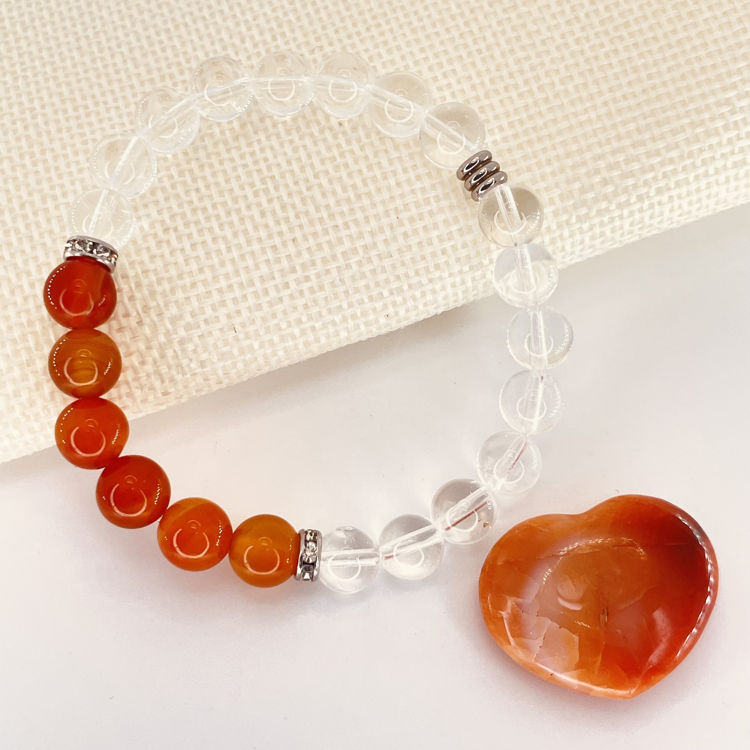 Bracelet perles Astro Lion Cornaline et Cristal de Roche en pierre naturelle avec strass acier