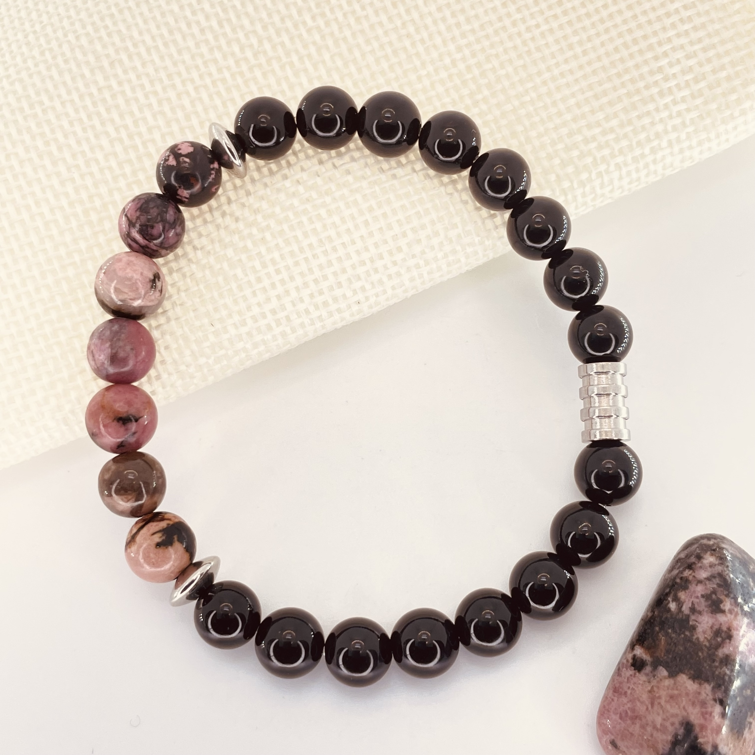 Bracelet perles Astro Cancer Rhodonite et Agate noire en pierre naturelle et acier