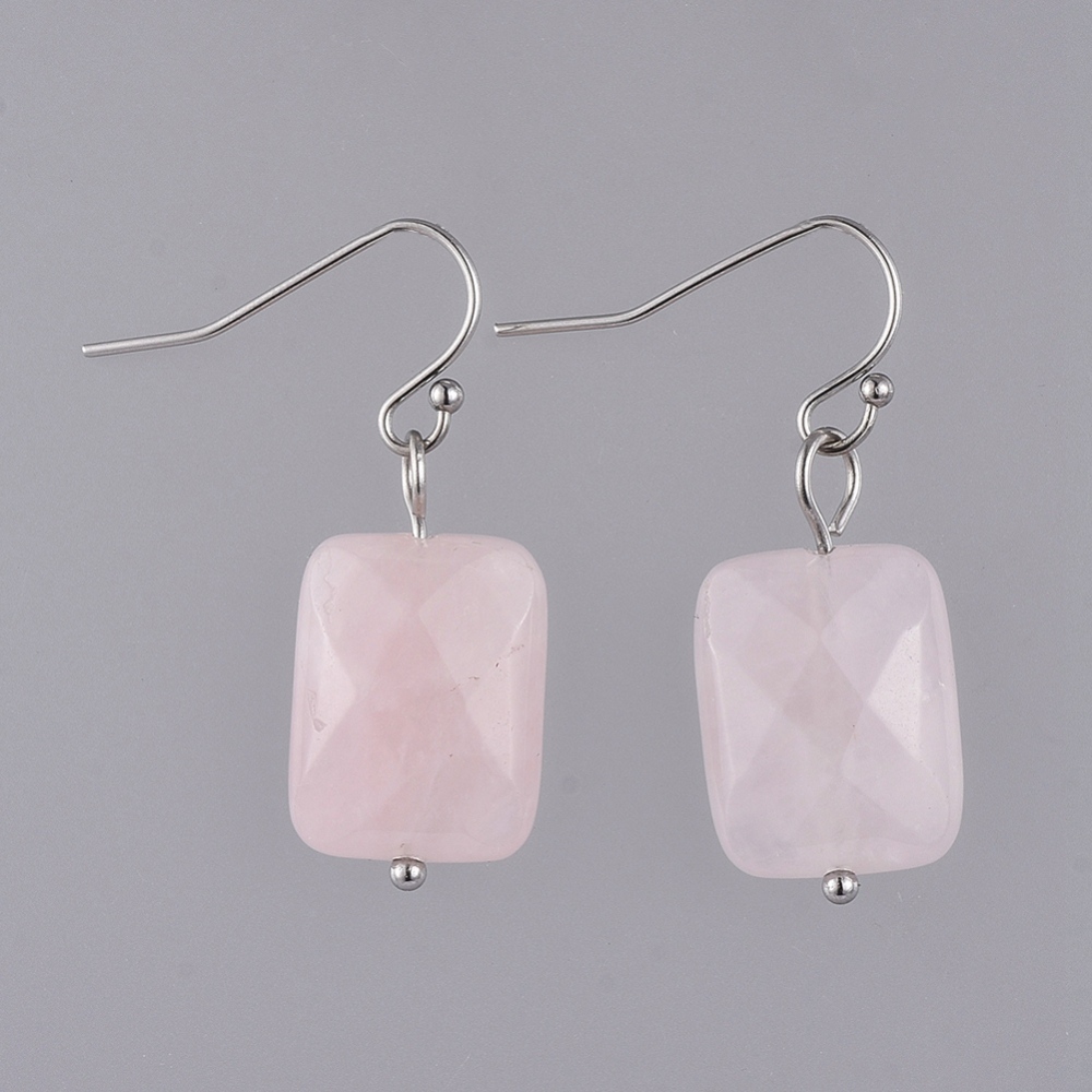 Boucles d\'oreilles Quartz rose forme rectangle facette montage acier