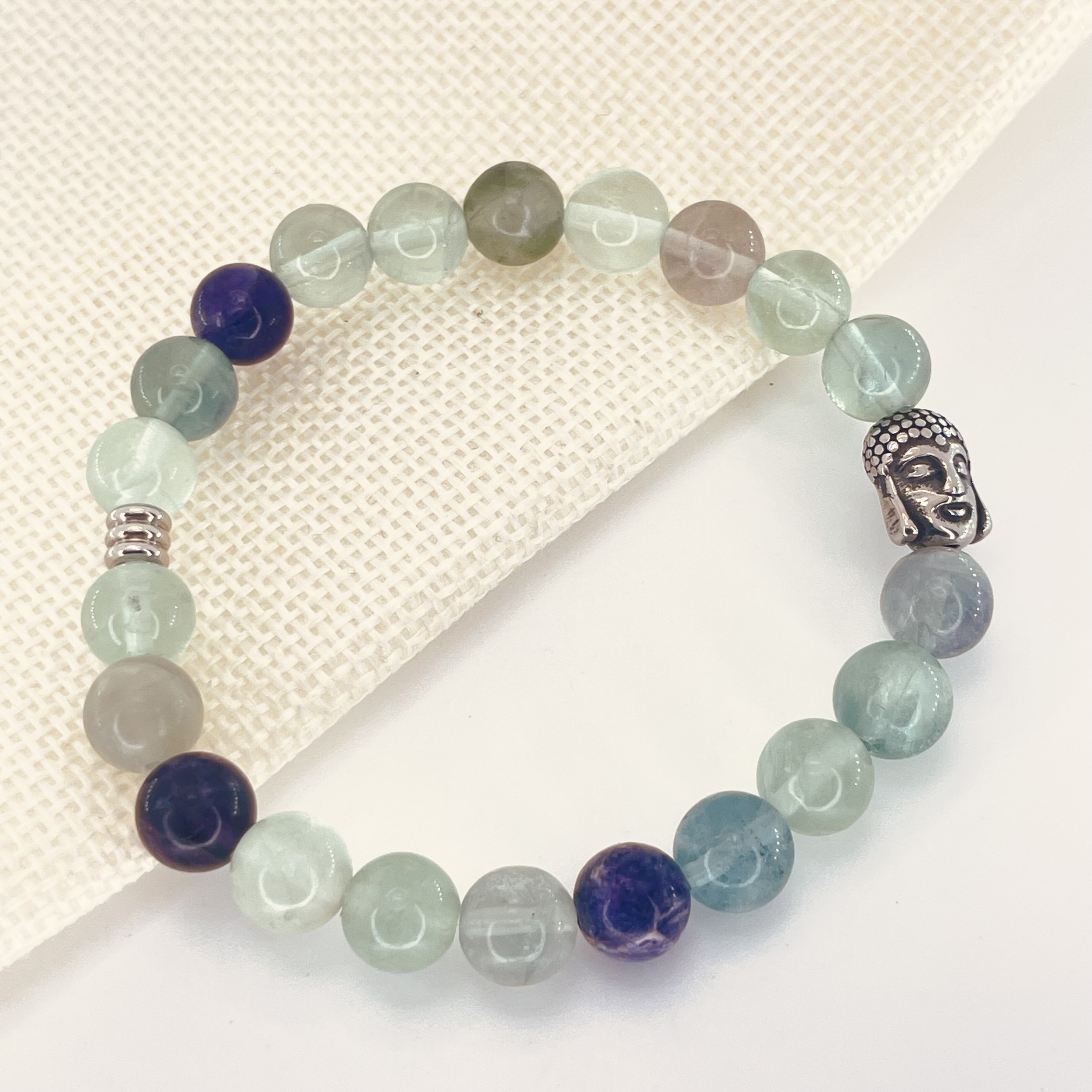Bracelet perles 8mm Fluorine avec tête de bouddha