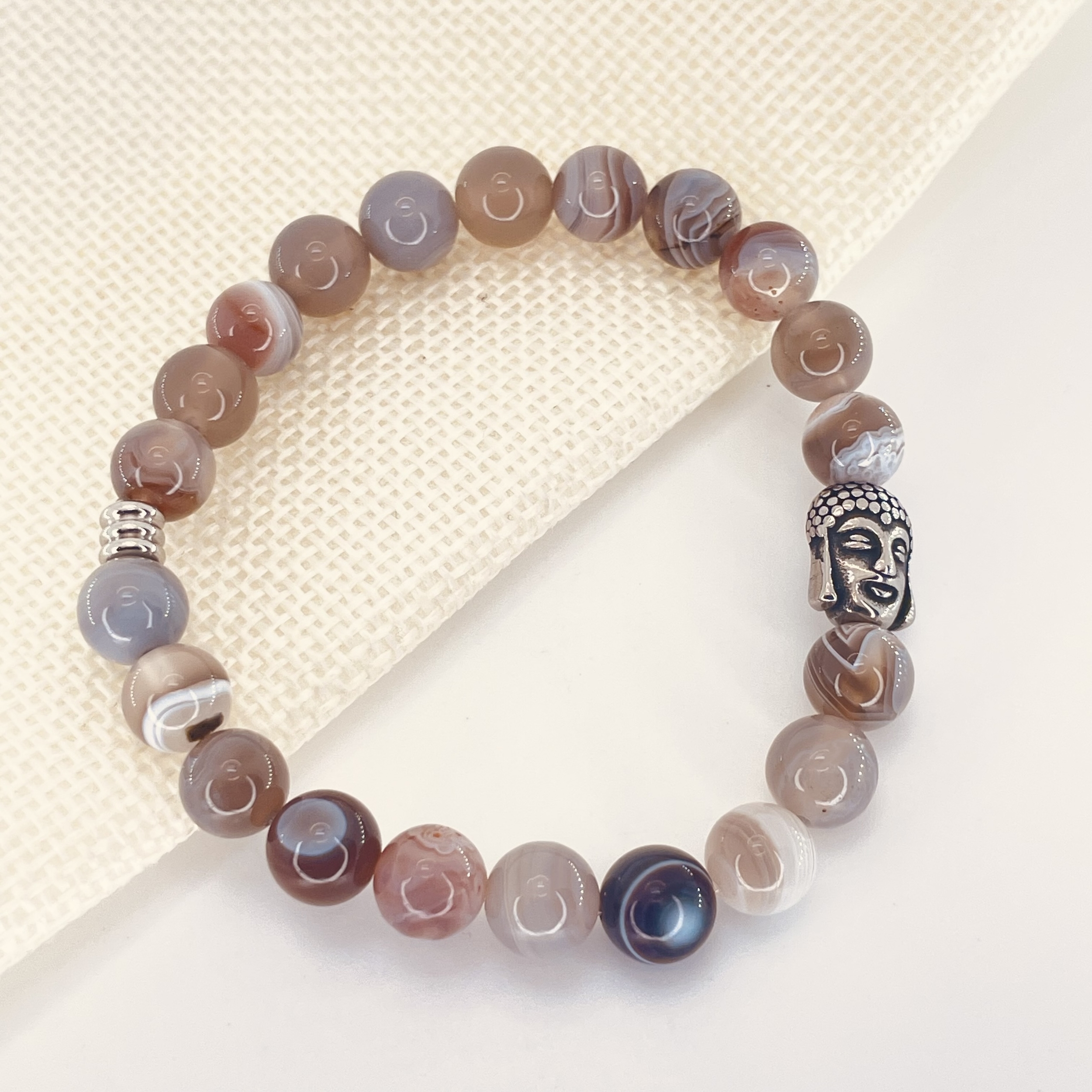 Bracelet Agate naturelle perles 8 mm avec tête de bouddha