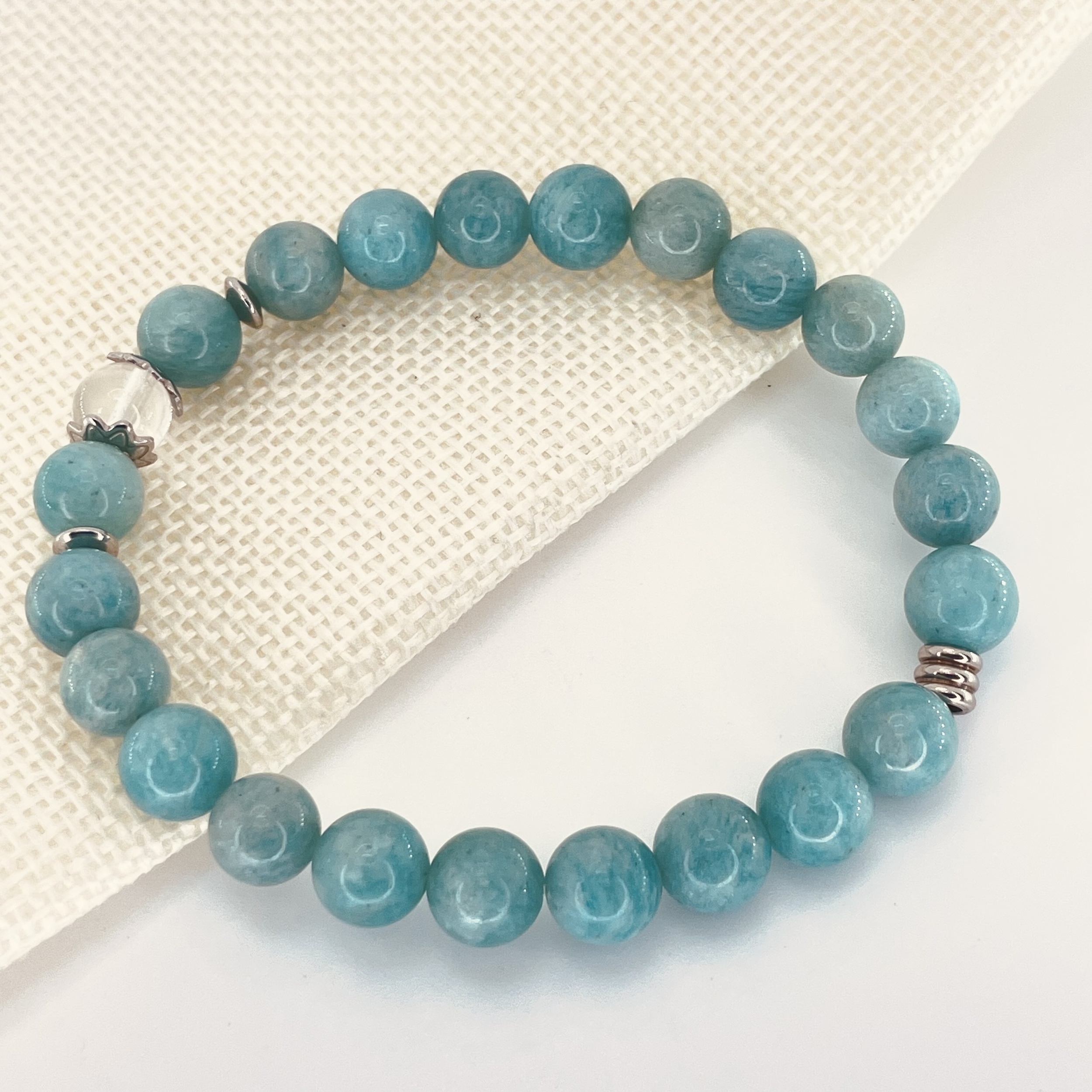 Bracelet Amazonite en pierre naturelle perles 8 mm avec perle de Quartz blanc