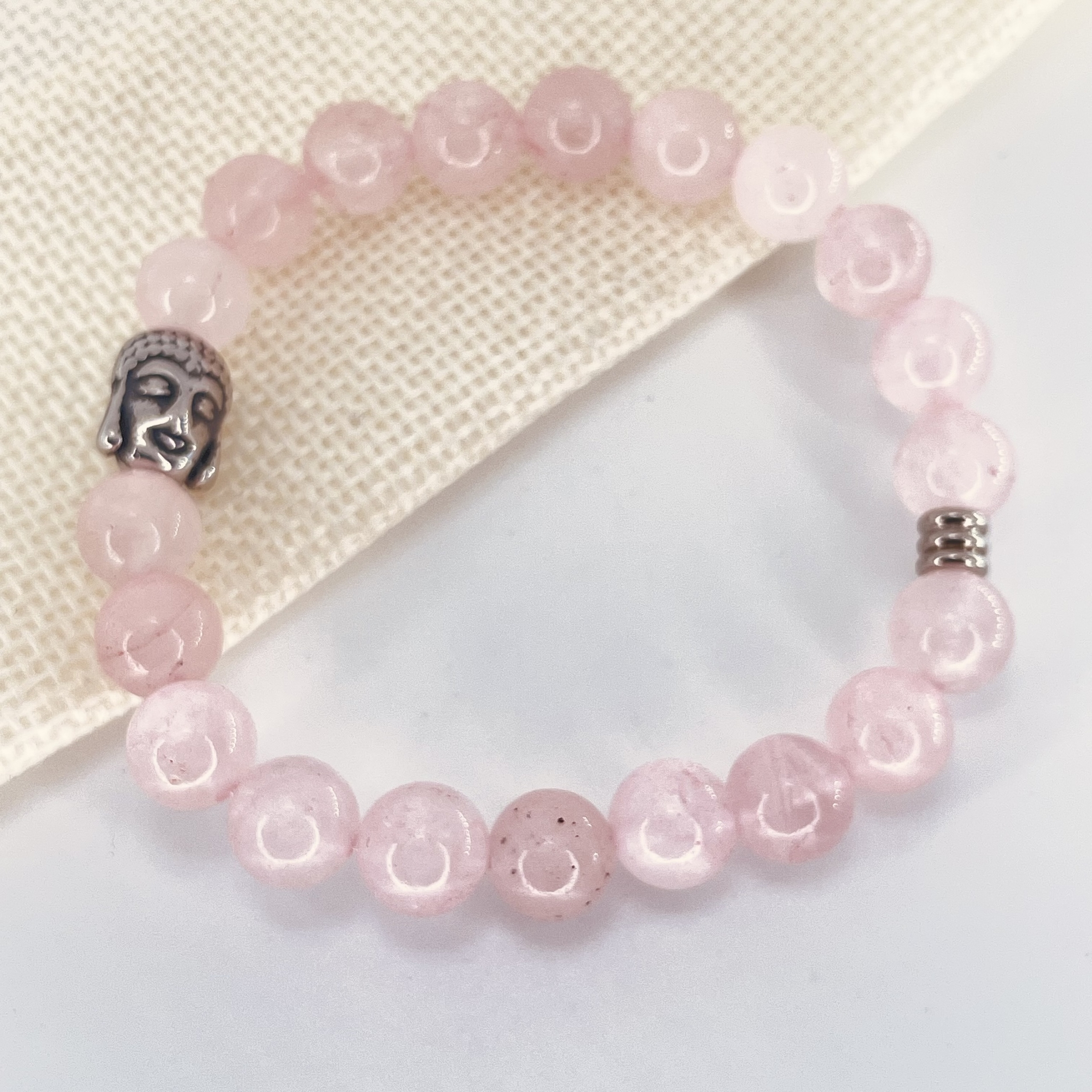 Bracelet perles 8mm Quartz rose avec tête de bouddha