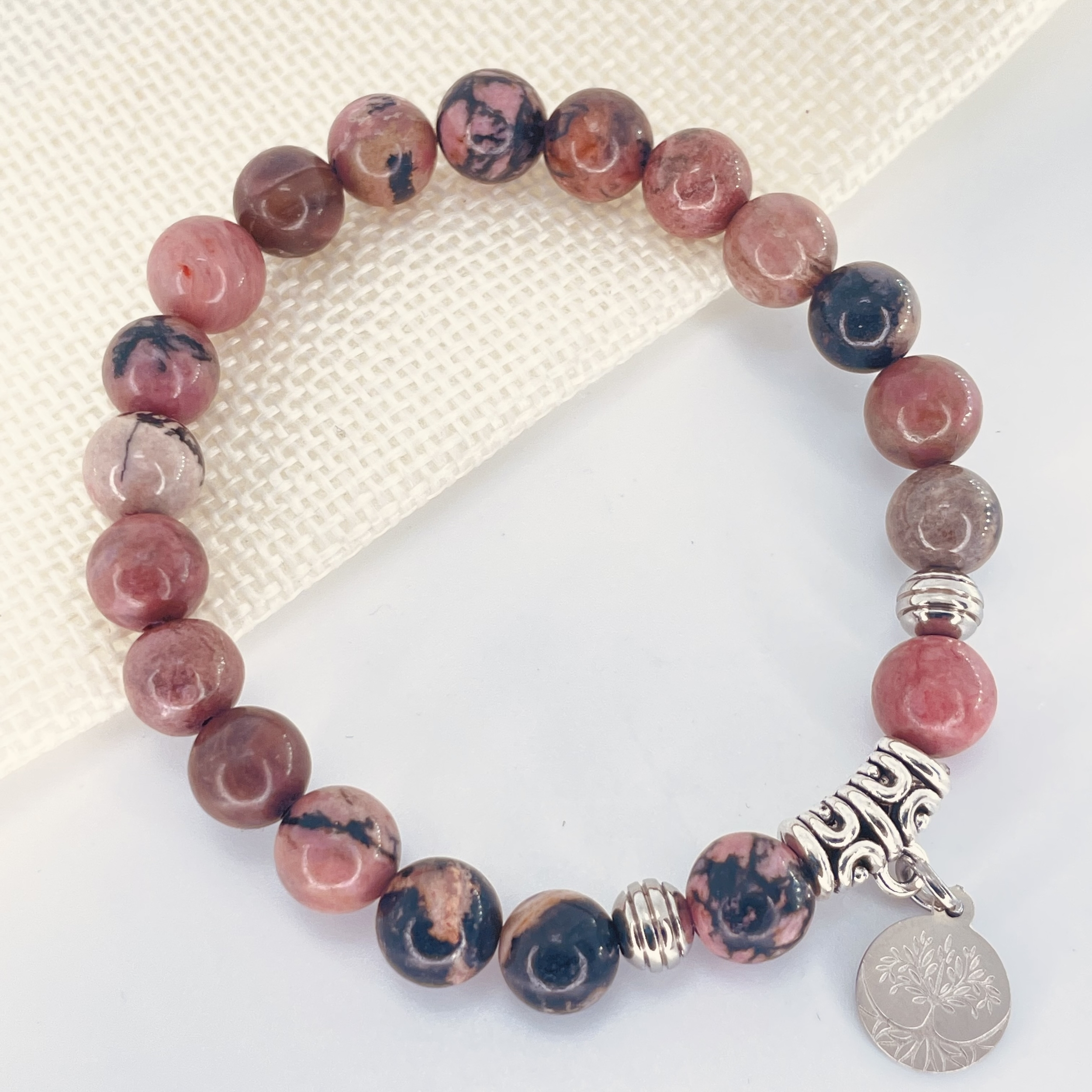 Bracelet perles Rhodonite en pierre naturelle avec symbole arbre de vie
