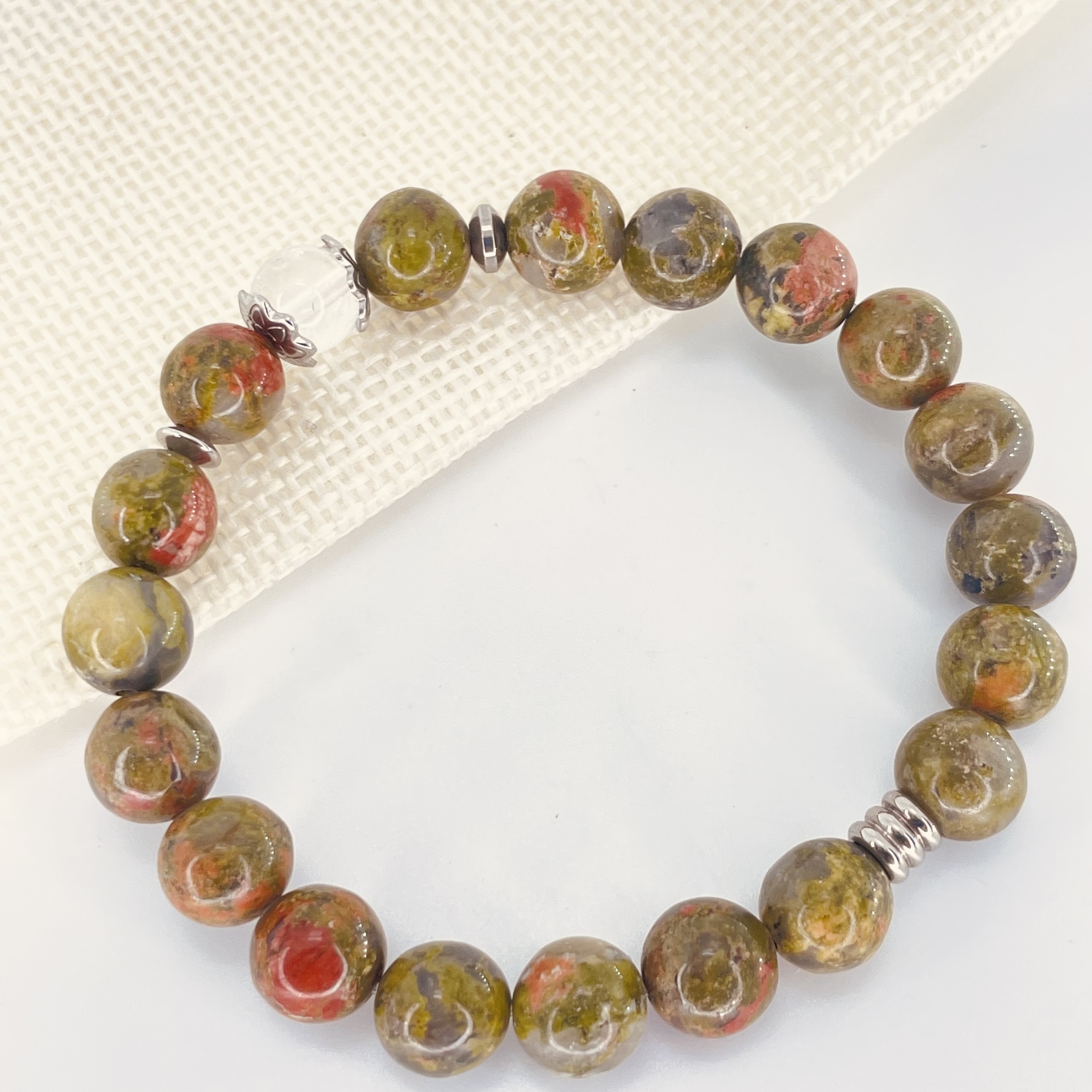 Bracelet perles 8mm Unakite avec perle de quartz
