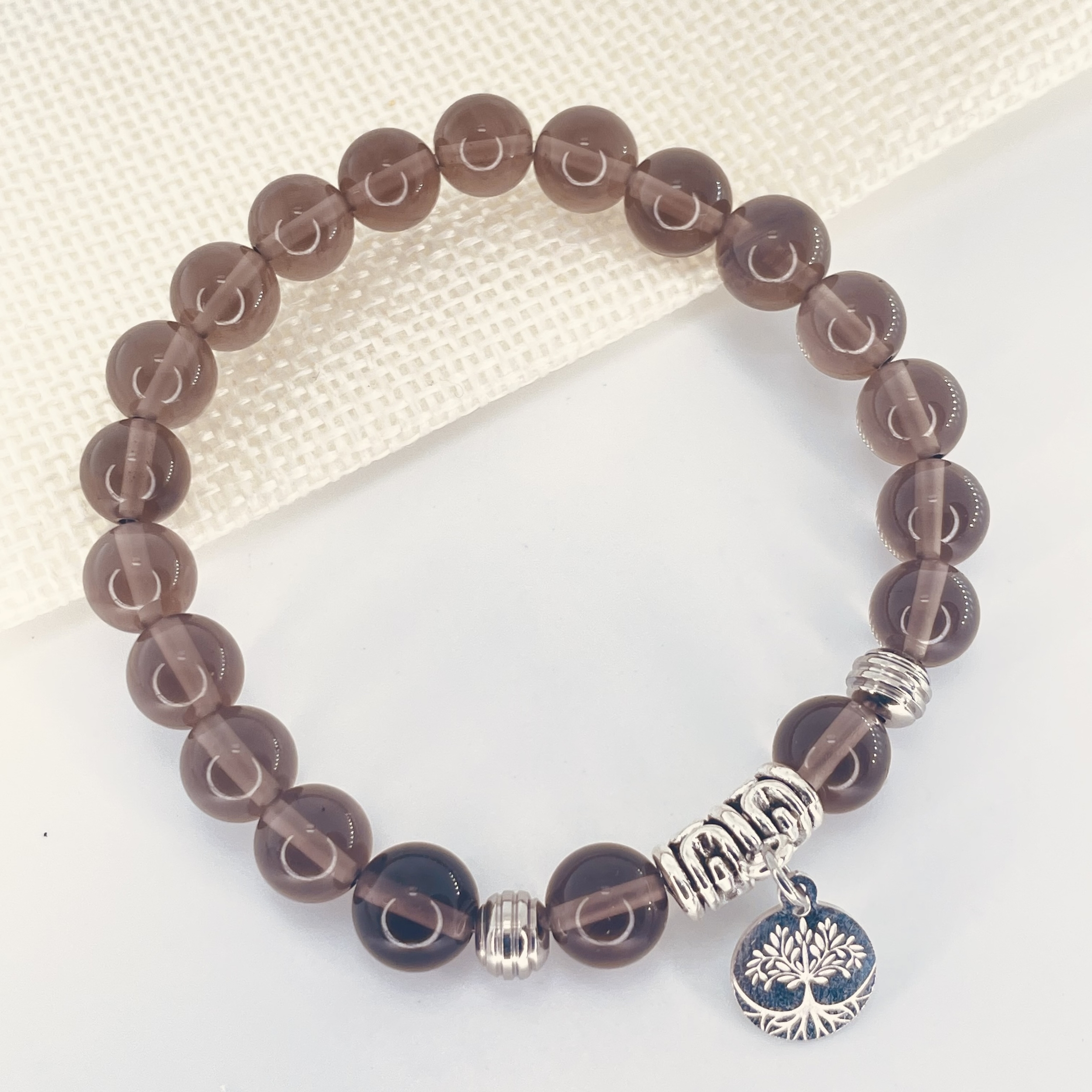 Bracelet Obsidienne Larme d\'Apache en pierre naturelle perles 8 mm avec symbole arbre de vie