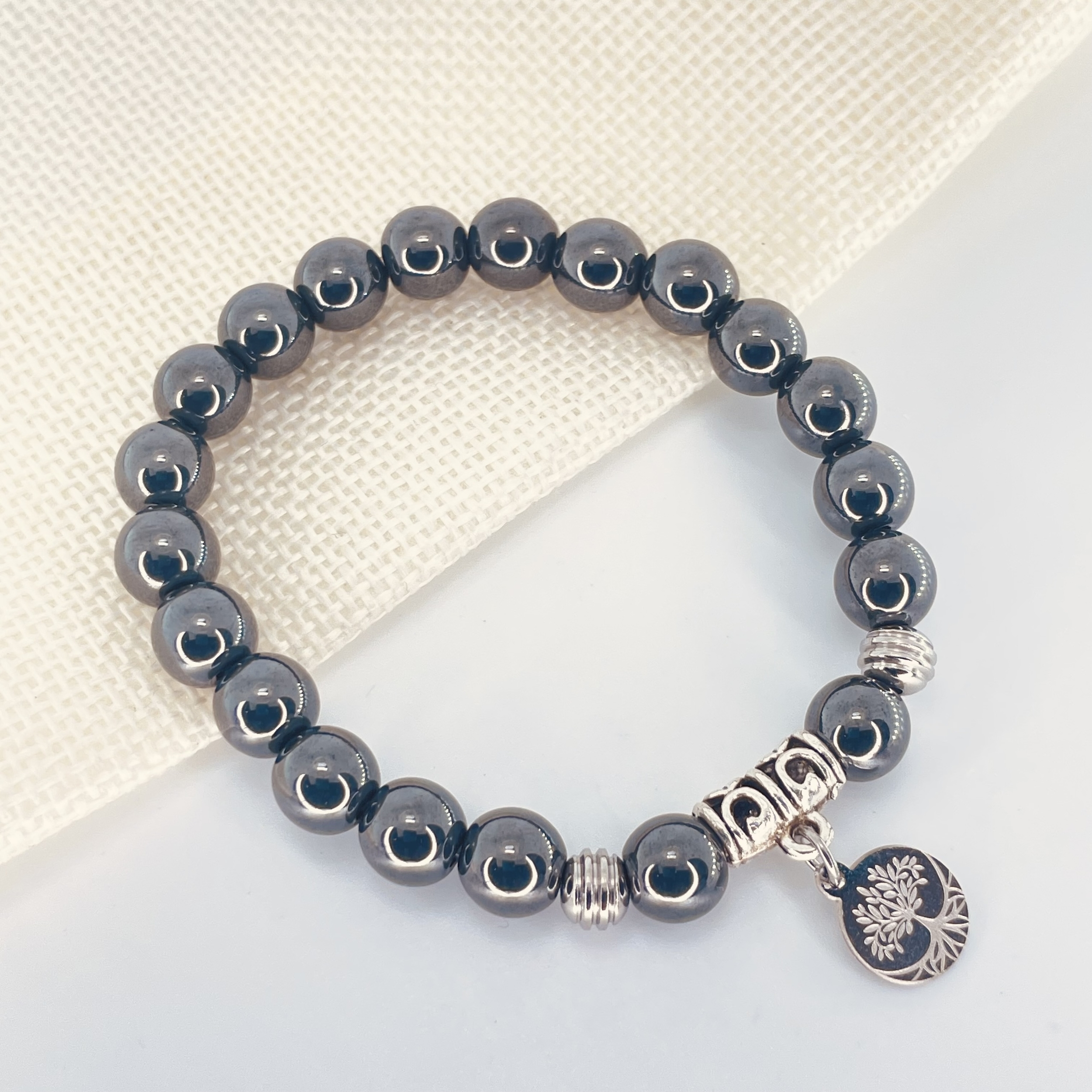 Bracelet Hématite en pierre naturelle perles 8 mm avec symbole arbre de vie