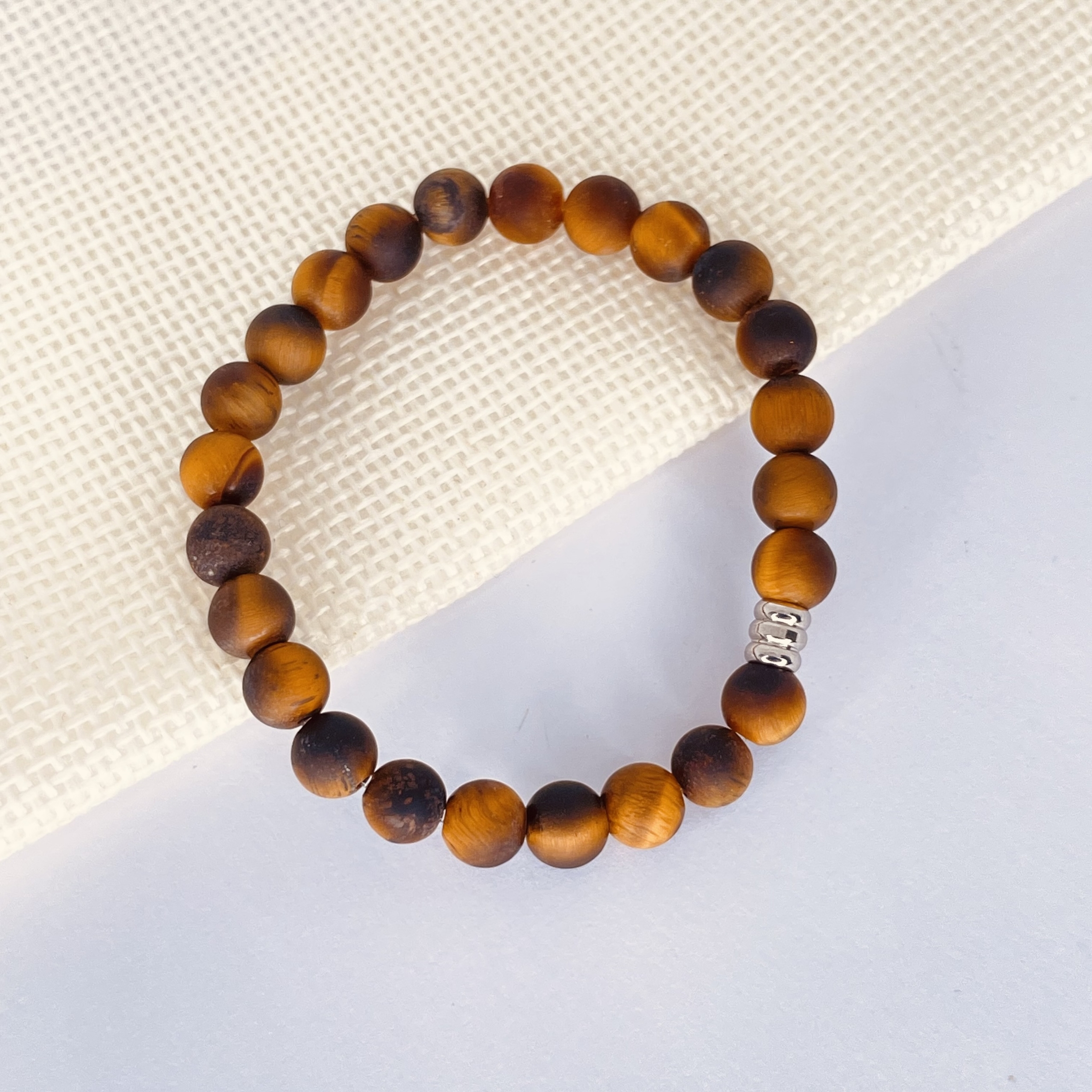 Bracelet enfant Oeil de tigre dépoli en pierre naturelle perles 6 mm tube acier