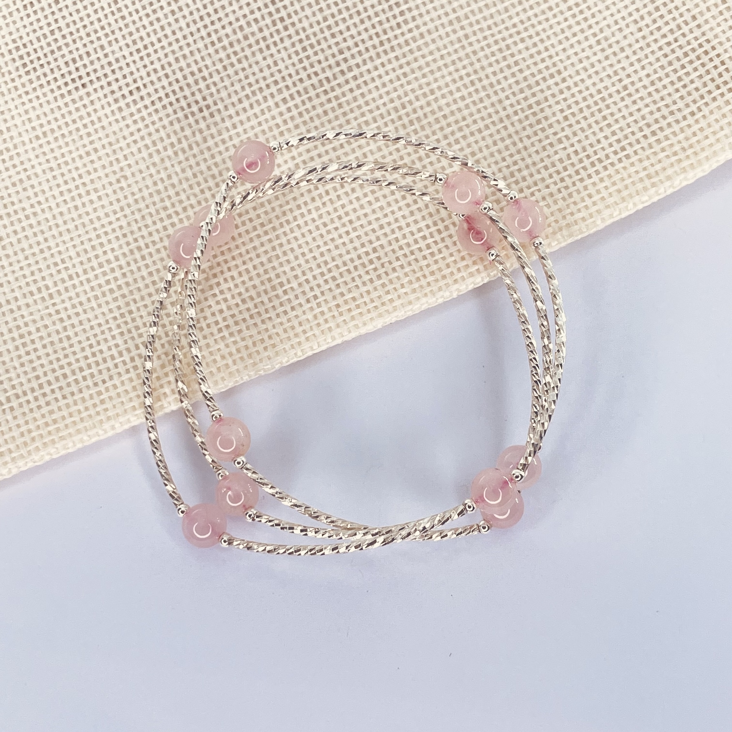 Bracelet 3 rangs Quartz Rose et argent 925