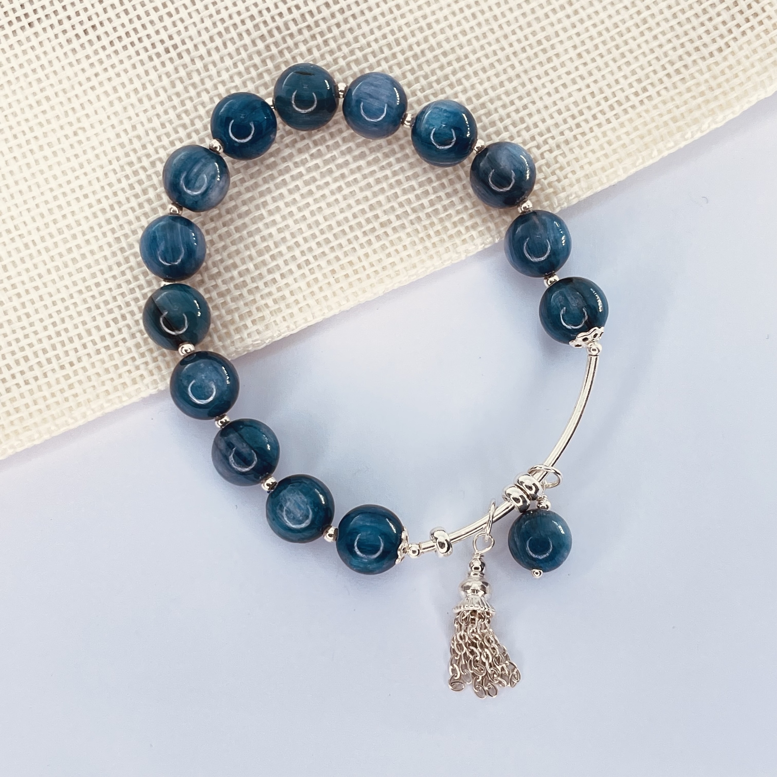 Bracelet en pierre naturelle de Cyanite en perles de 8mm et argent