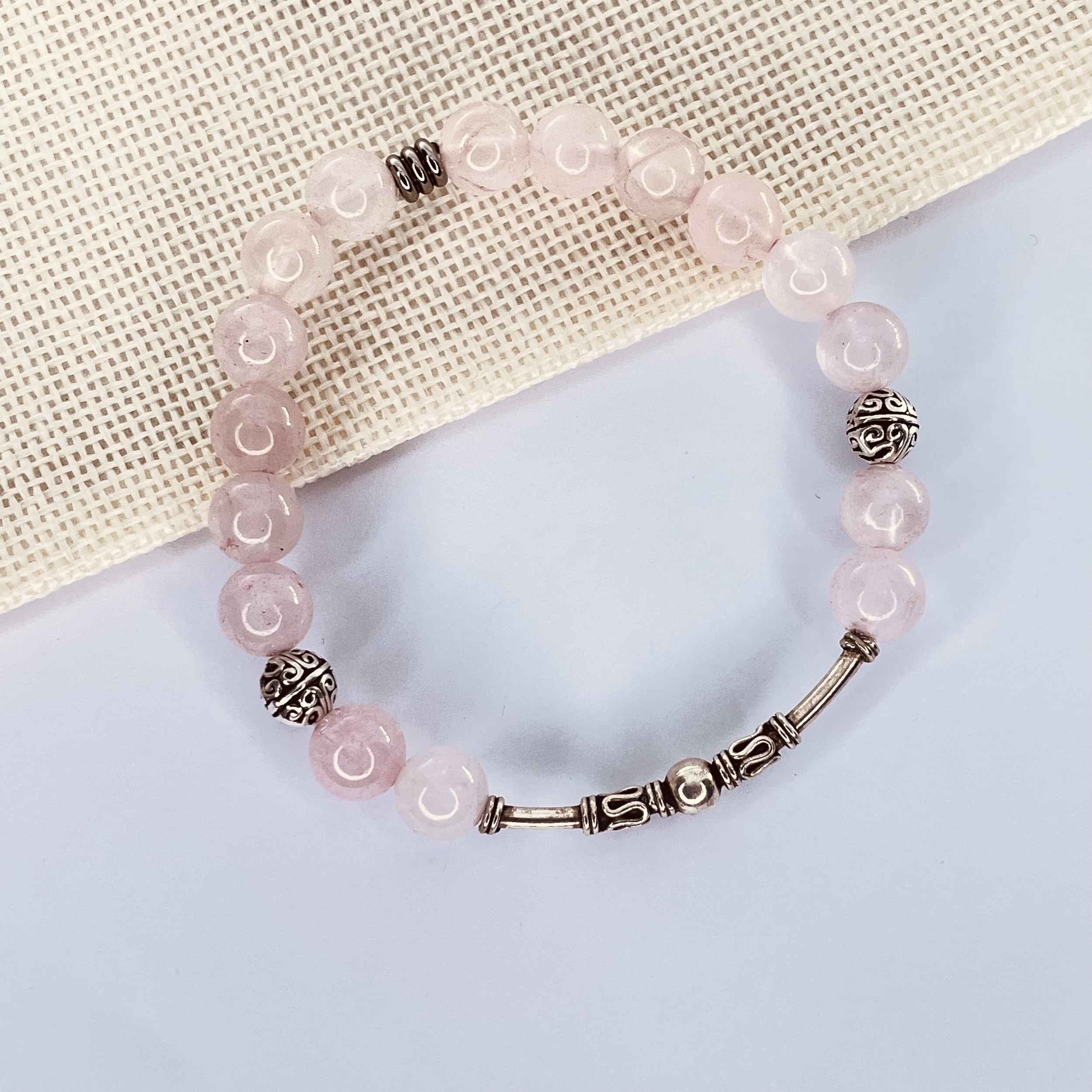 Bracelet perles Quartz rose en pierre naturelle montage argent