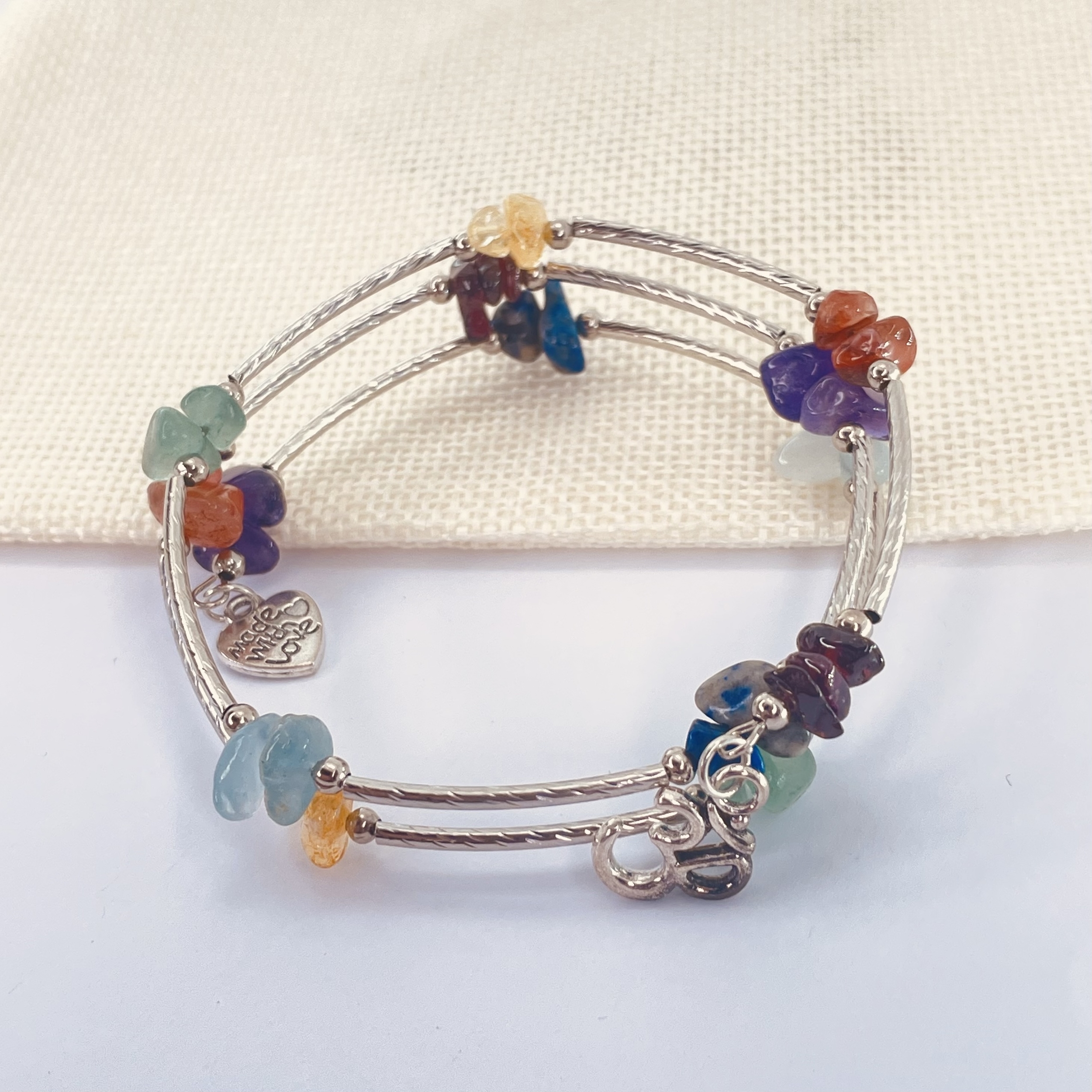 Bracelet 7 Chakras en pierre naturelle spirale 3 tours montage métal argenté