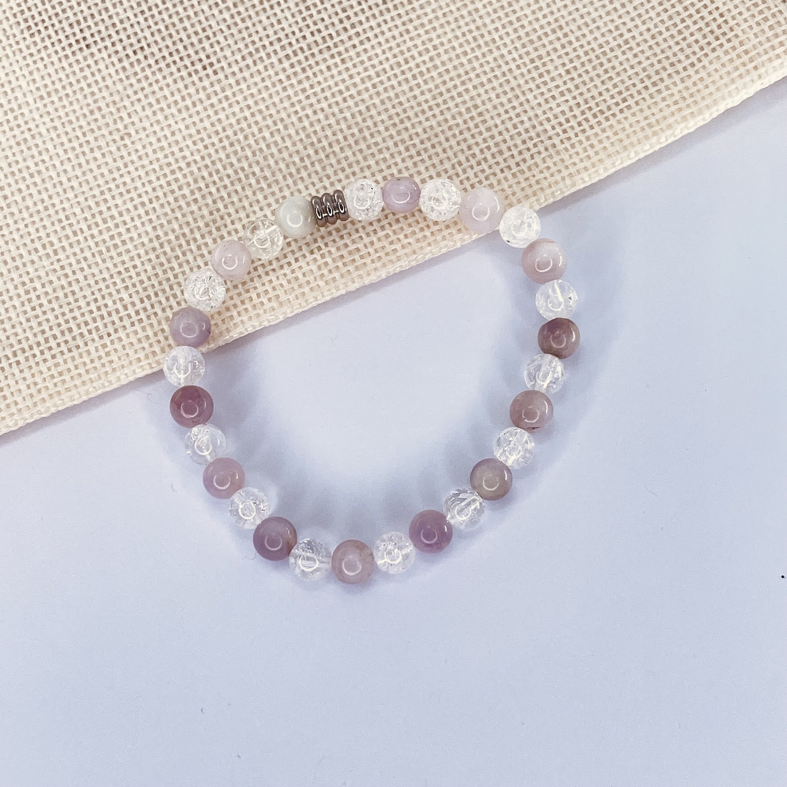 Bracelet Kunzite et Quartz craquelé en pierre naturelle perles 6mm et tube acier