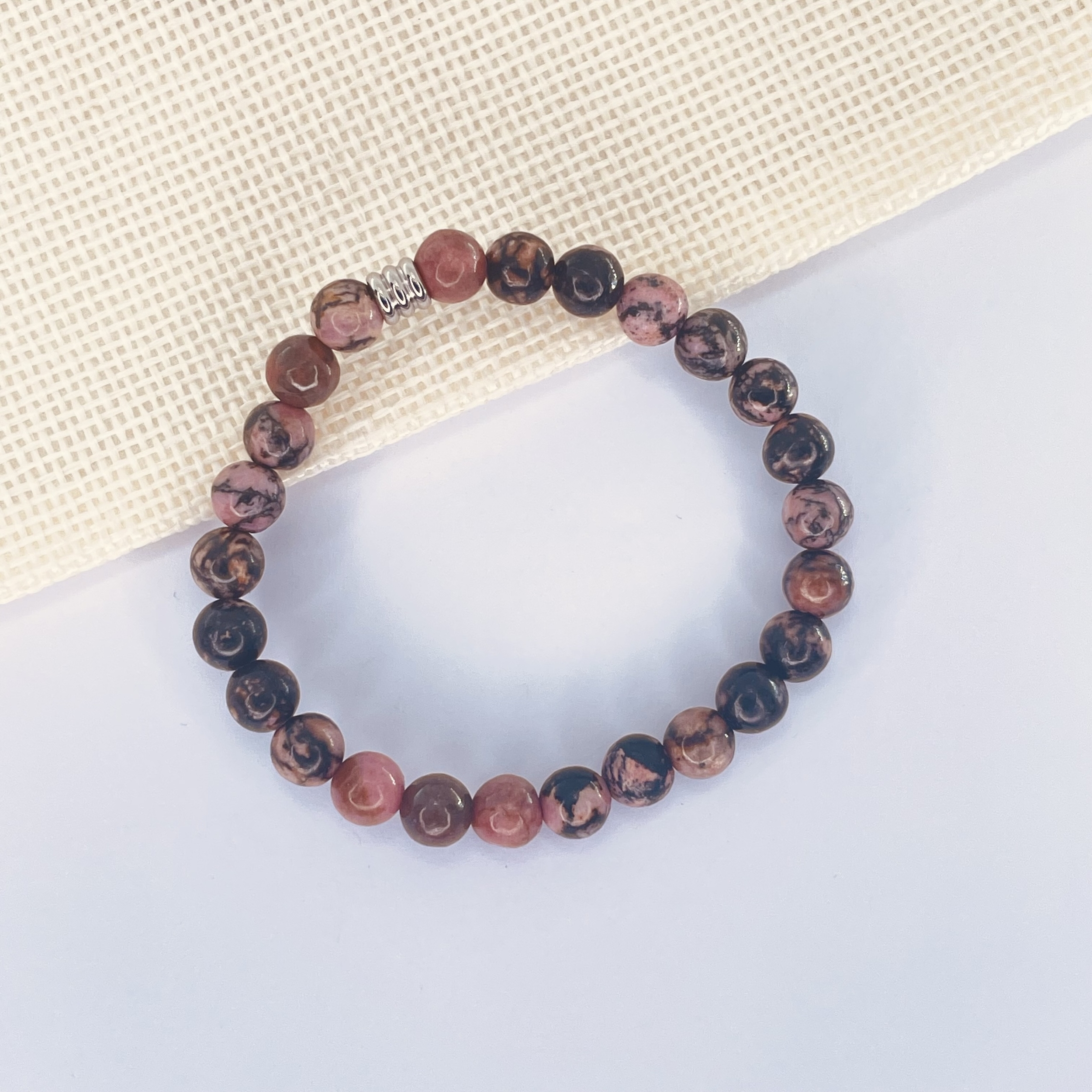 Bracelet enfant Rhodonite en pierre naturelle perles 6mm tube acier