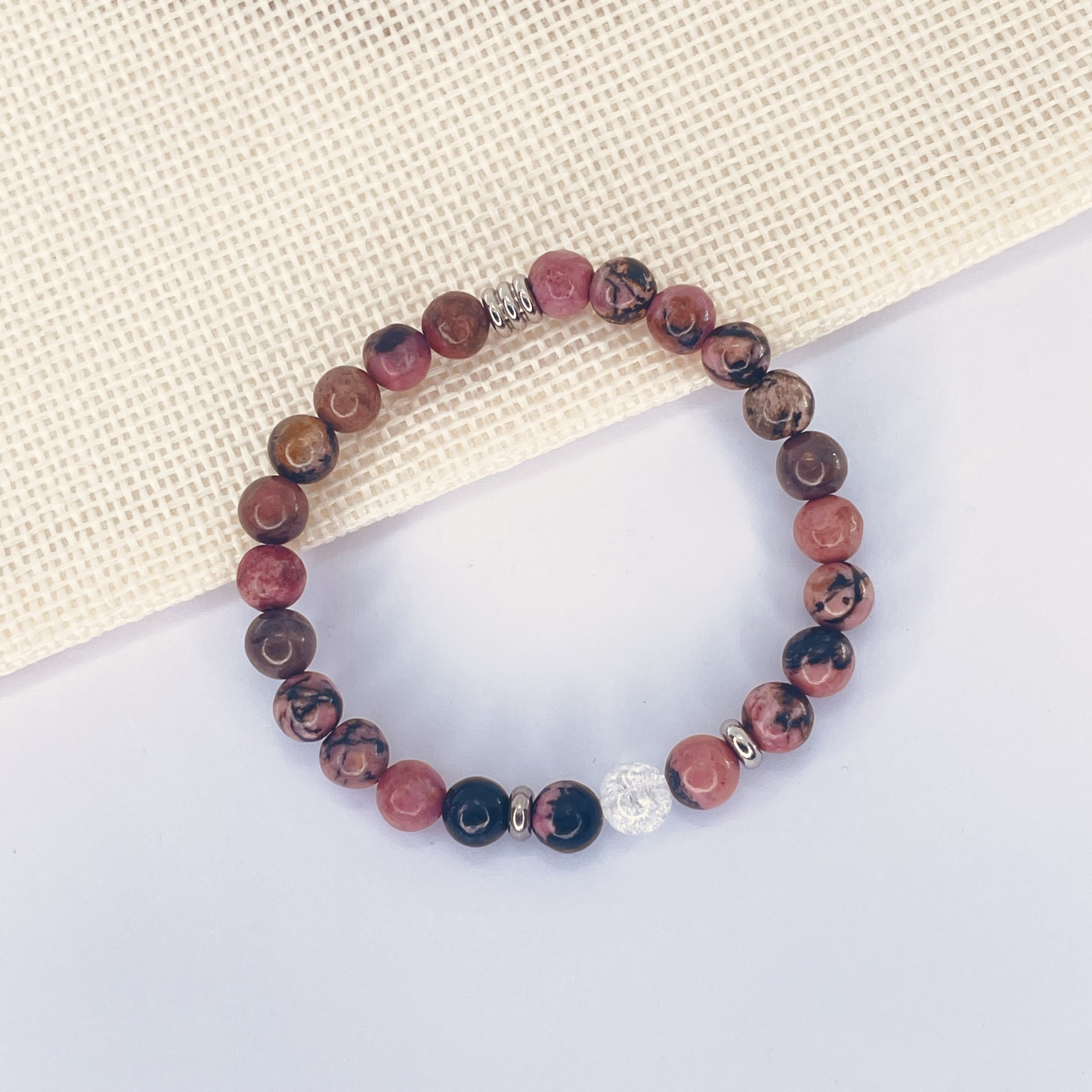 Bracelet enfant Rhodonite et Quartz blanc craquelle en pierre naturelle perles 6 mm décor et tube acier