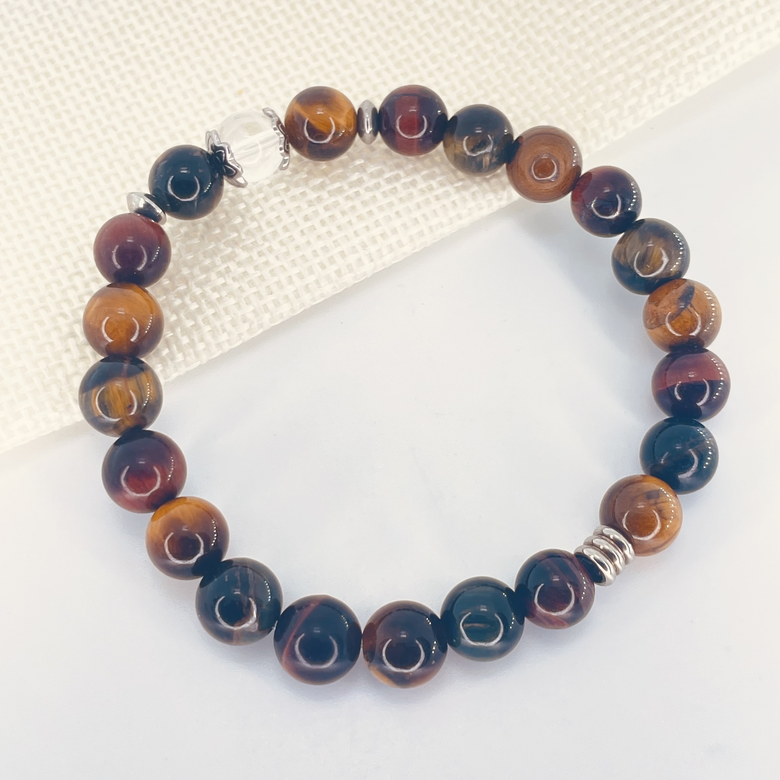 Bracelet perles 8mm 3 Yeux avec perle de quartz et tube acier