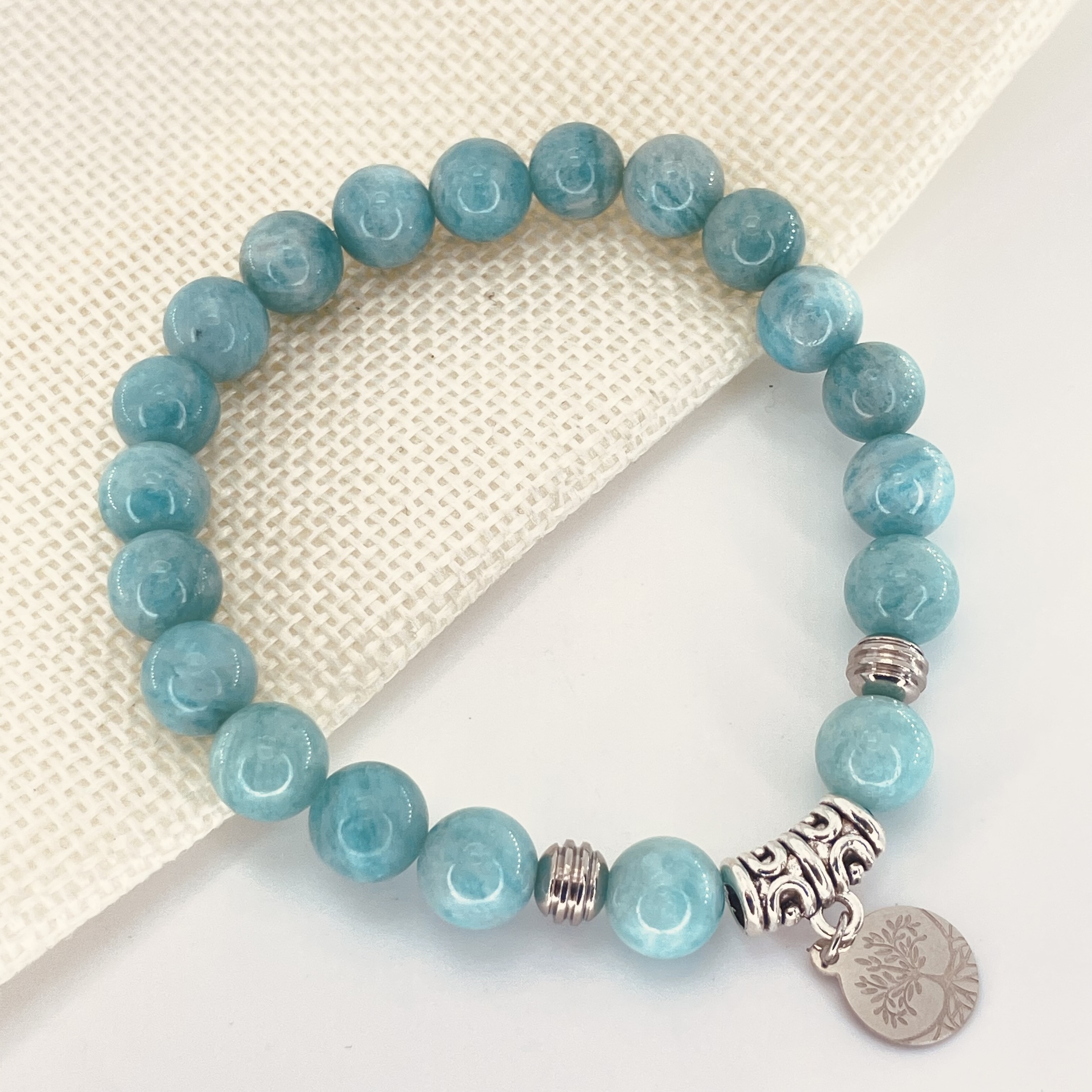 Bracelet Amazonite naturelle perles 8mm avec arbre de vie