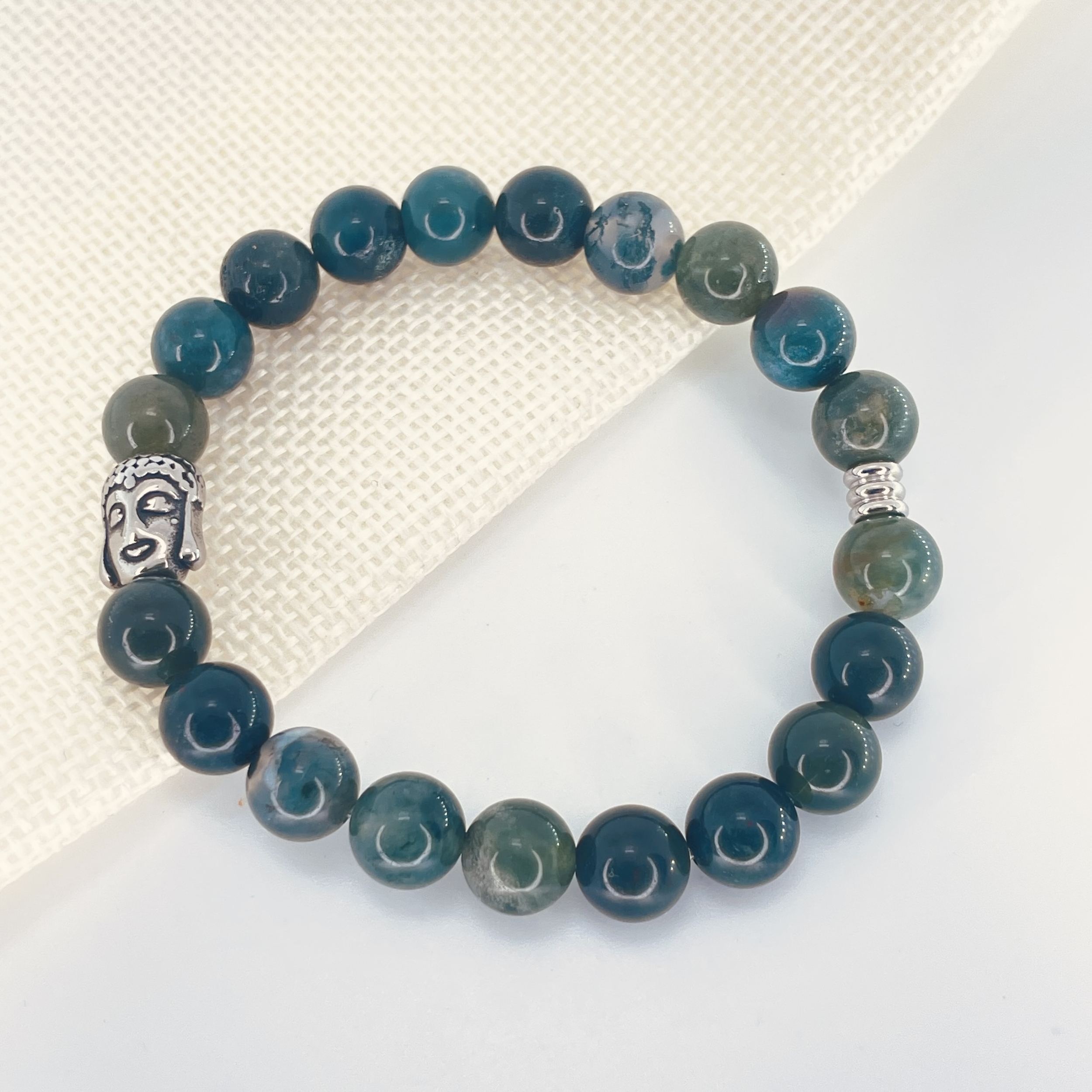 Bracelet perles 8 mm Agate Mousse avec tête de Bouddha et tube acier
