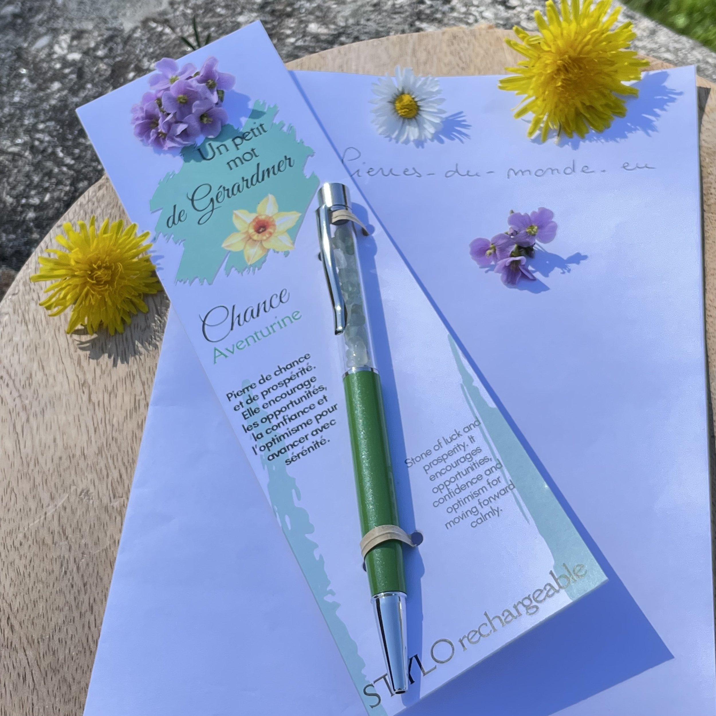 Stylo spécial CHANCE en pierre naturelle Aventurine, collection Un petit mot des Vosges